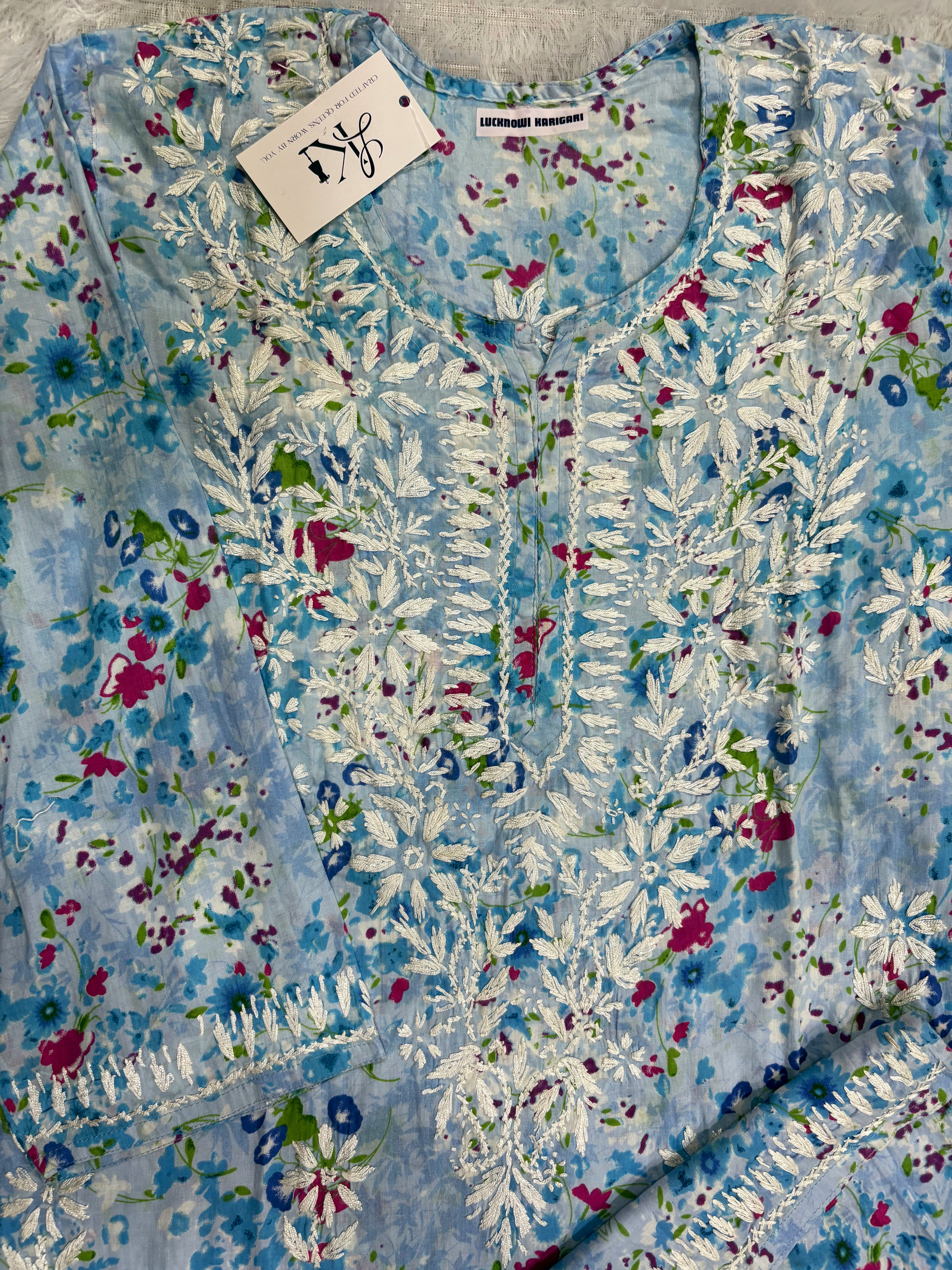 Malmal Cotton Blue-Pink Kurti