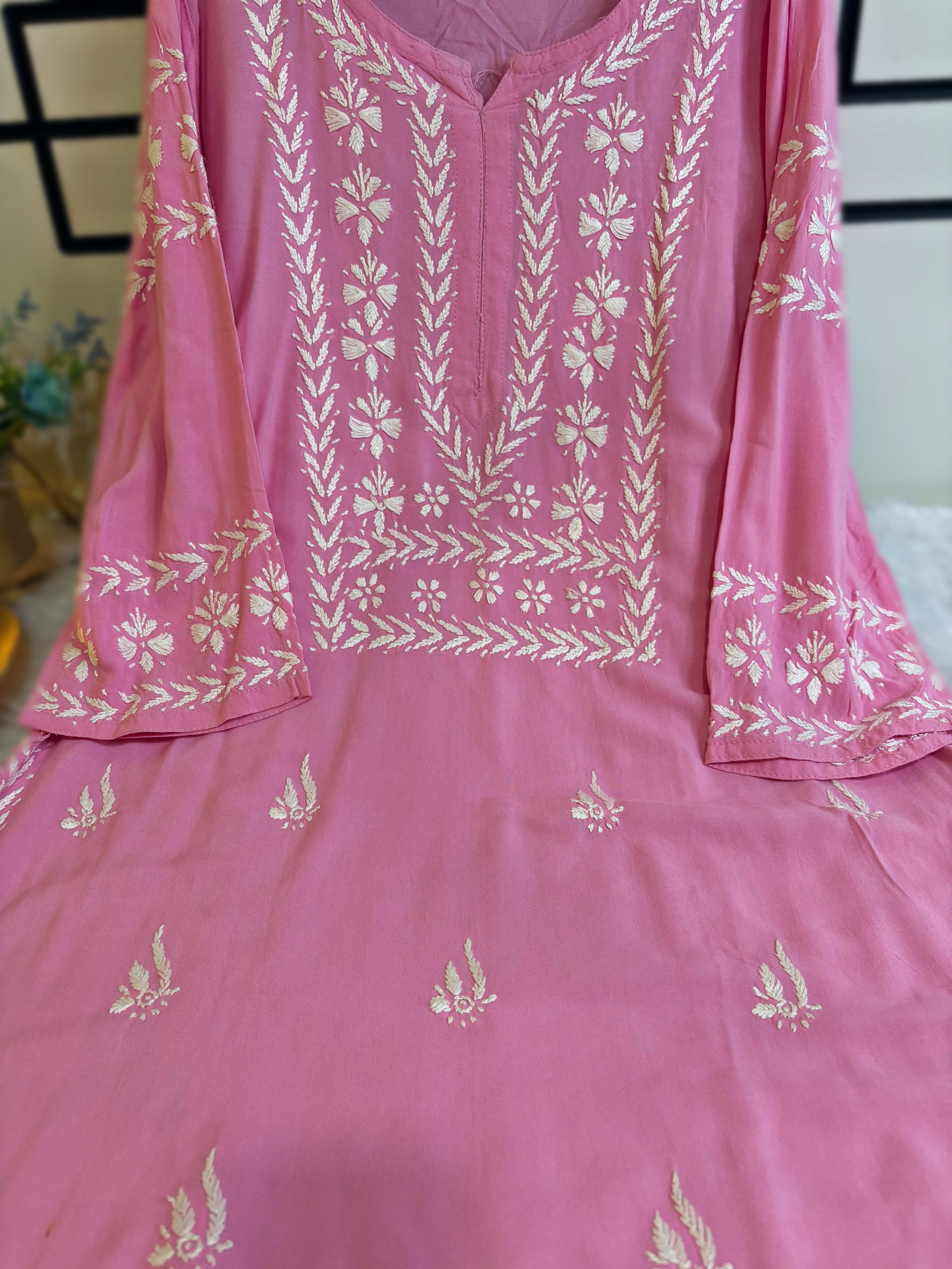 Heer Rayon- Baby Pink Sleeve Work Kurti