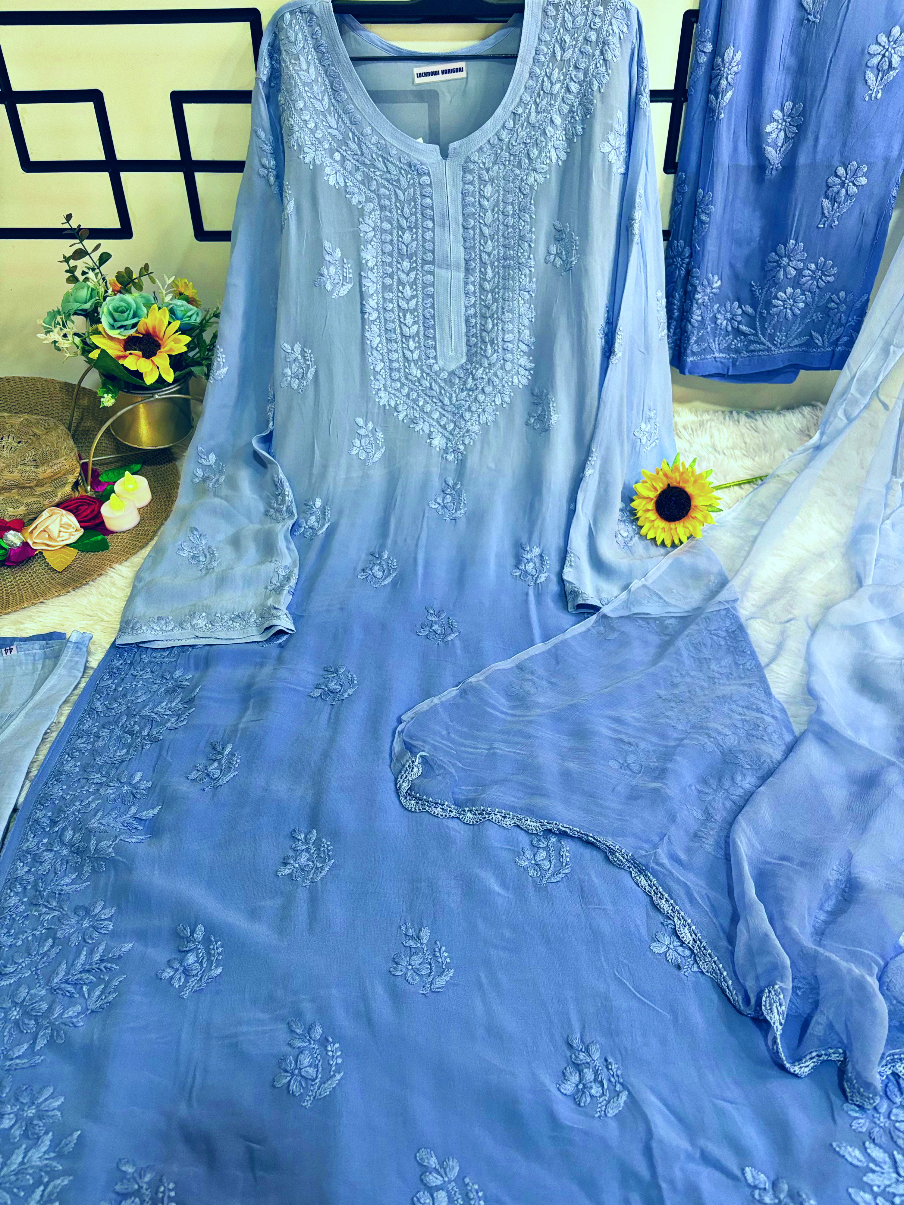 XXL- Powder Blue Ombre- Viscose Kurti Pant with Dupatta Set