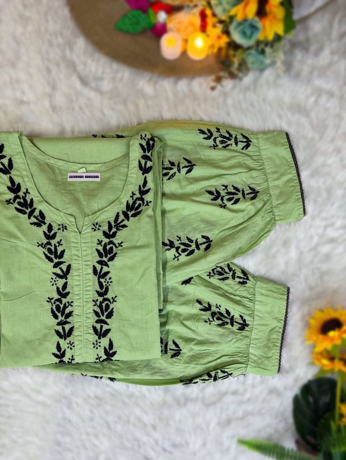 Malmal Cotton-Pista Green Kurti with Afgani Shalwar