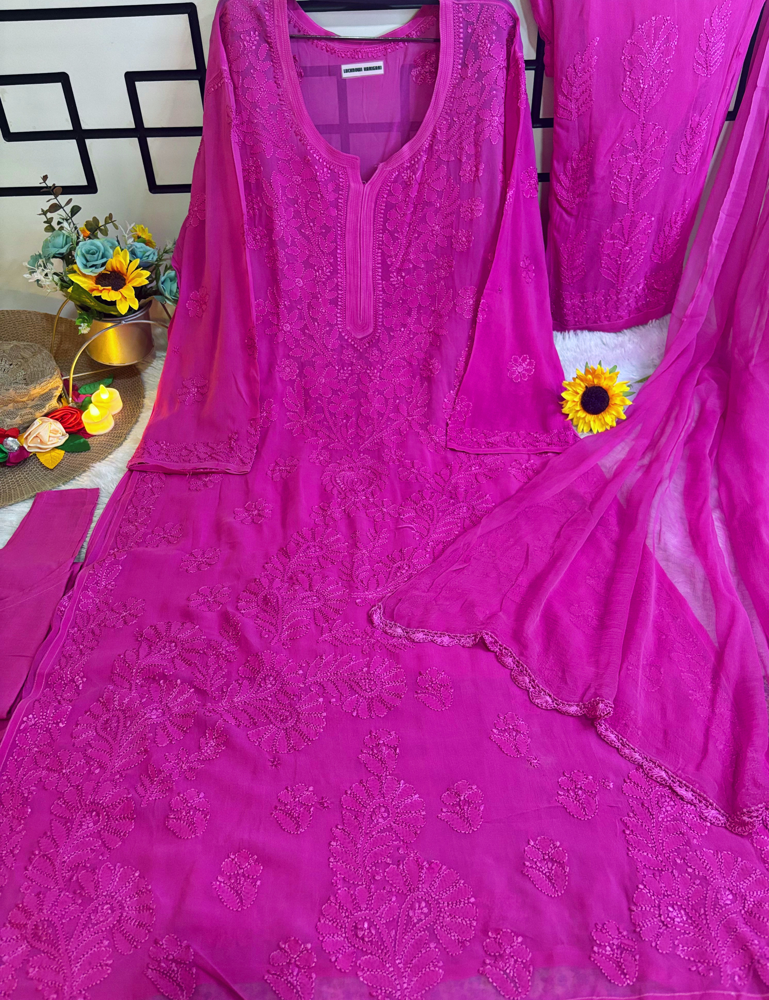 XXL- Fuchsia Pink Viscose Kurti Pant with Dupatta Set
