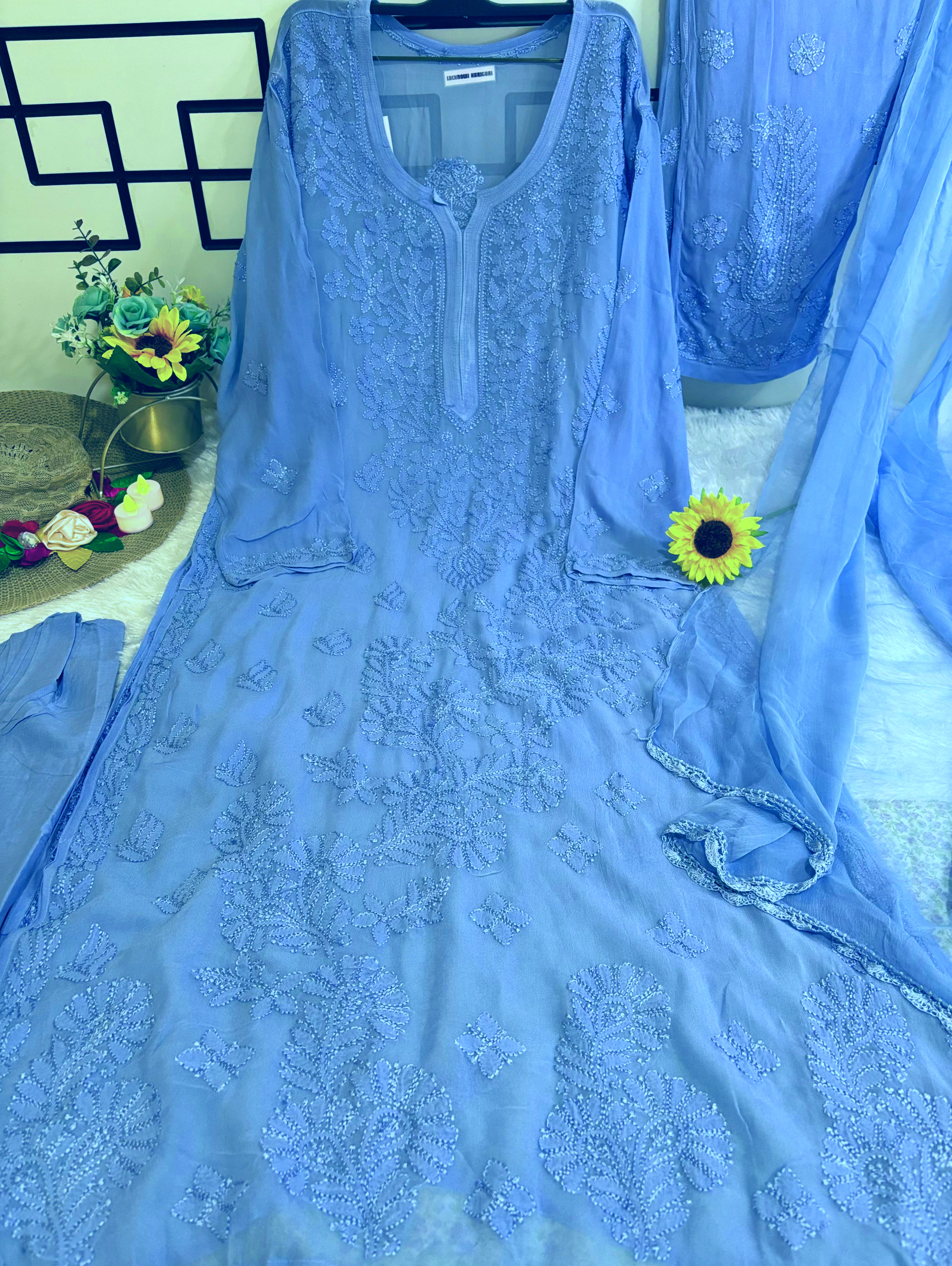 XL- Sky Blue Viscose Kurti Pant with Dupatta Set