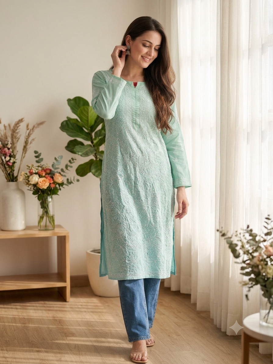 Pista Cotton fabric-Full Jall work Kurti