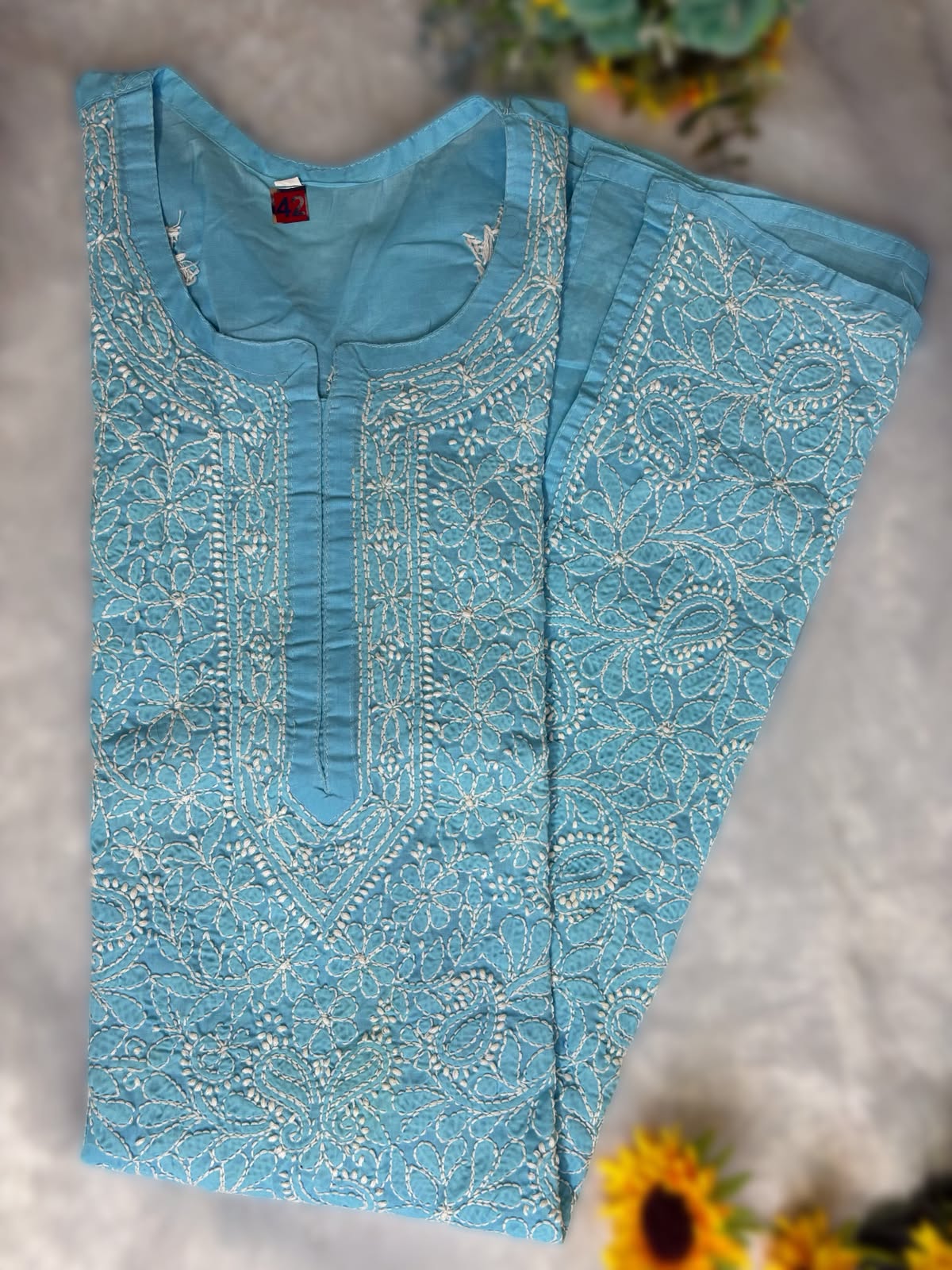 Sky Blue Cotton Fabric-Full Jall work Kurti