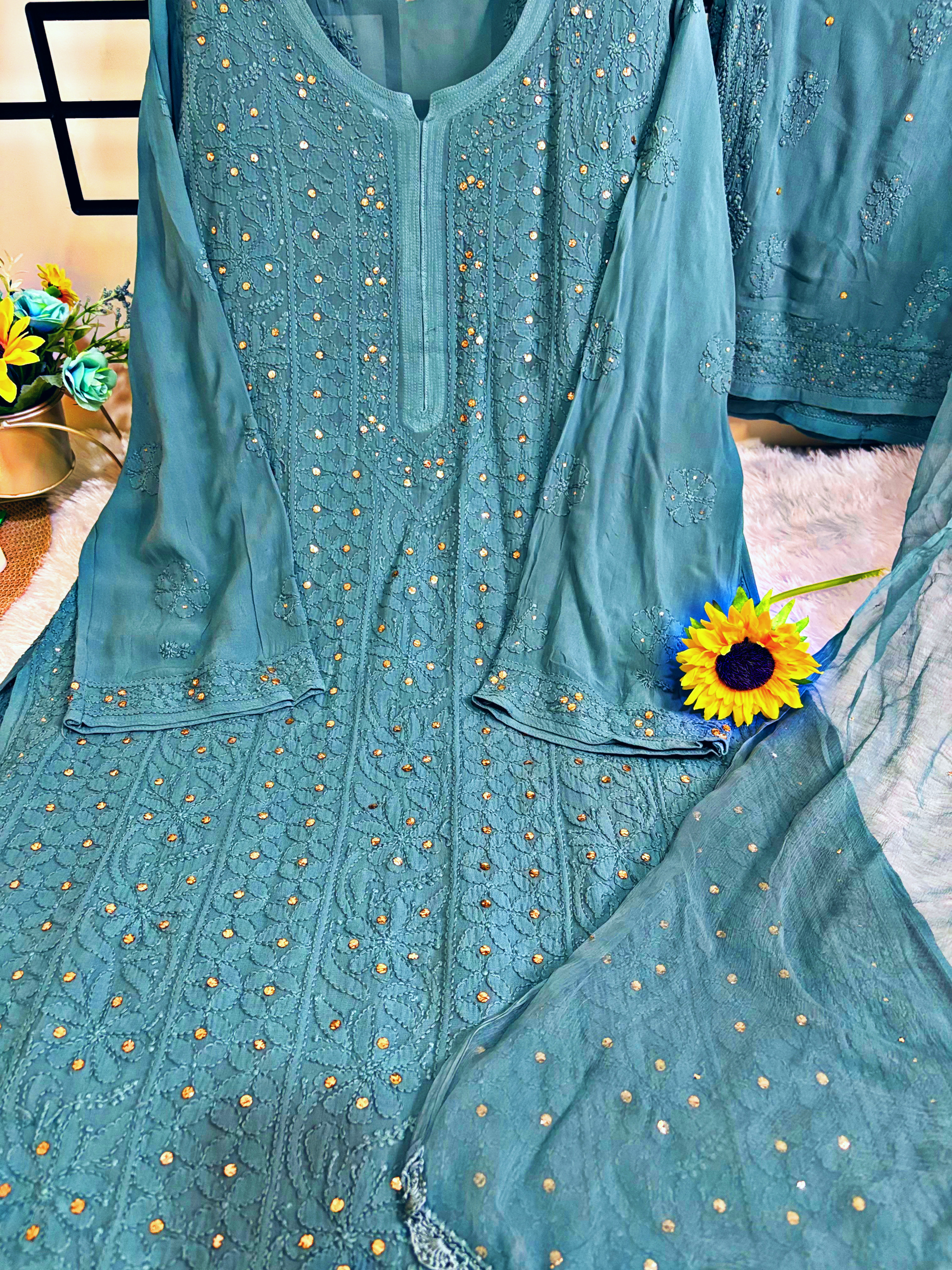 XL- Teal Green- Viscose Kurti Pant with Dupatta Set 