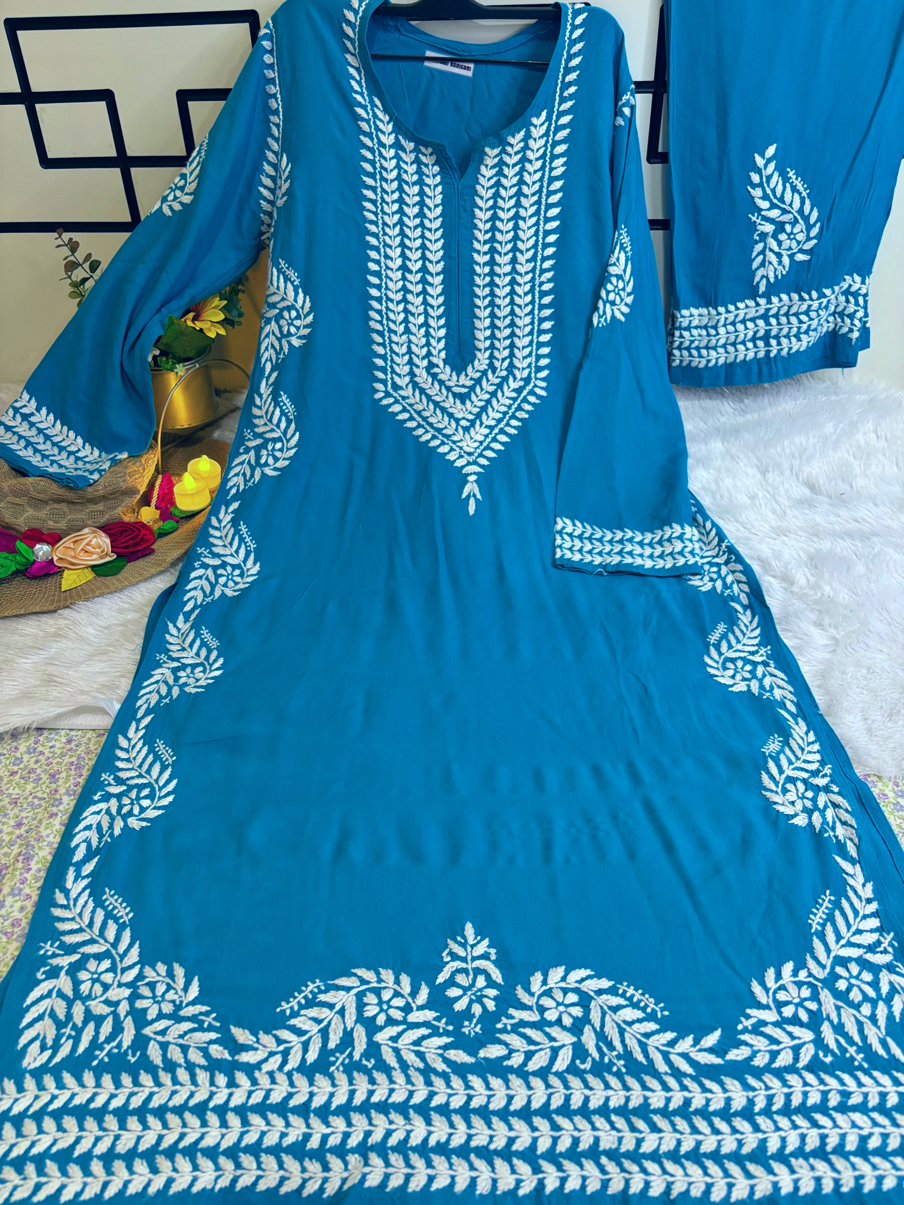 Turquise Blue- Rayon Side Bale Kurta Palazzo Set