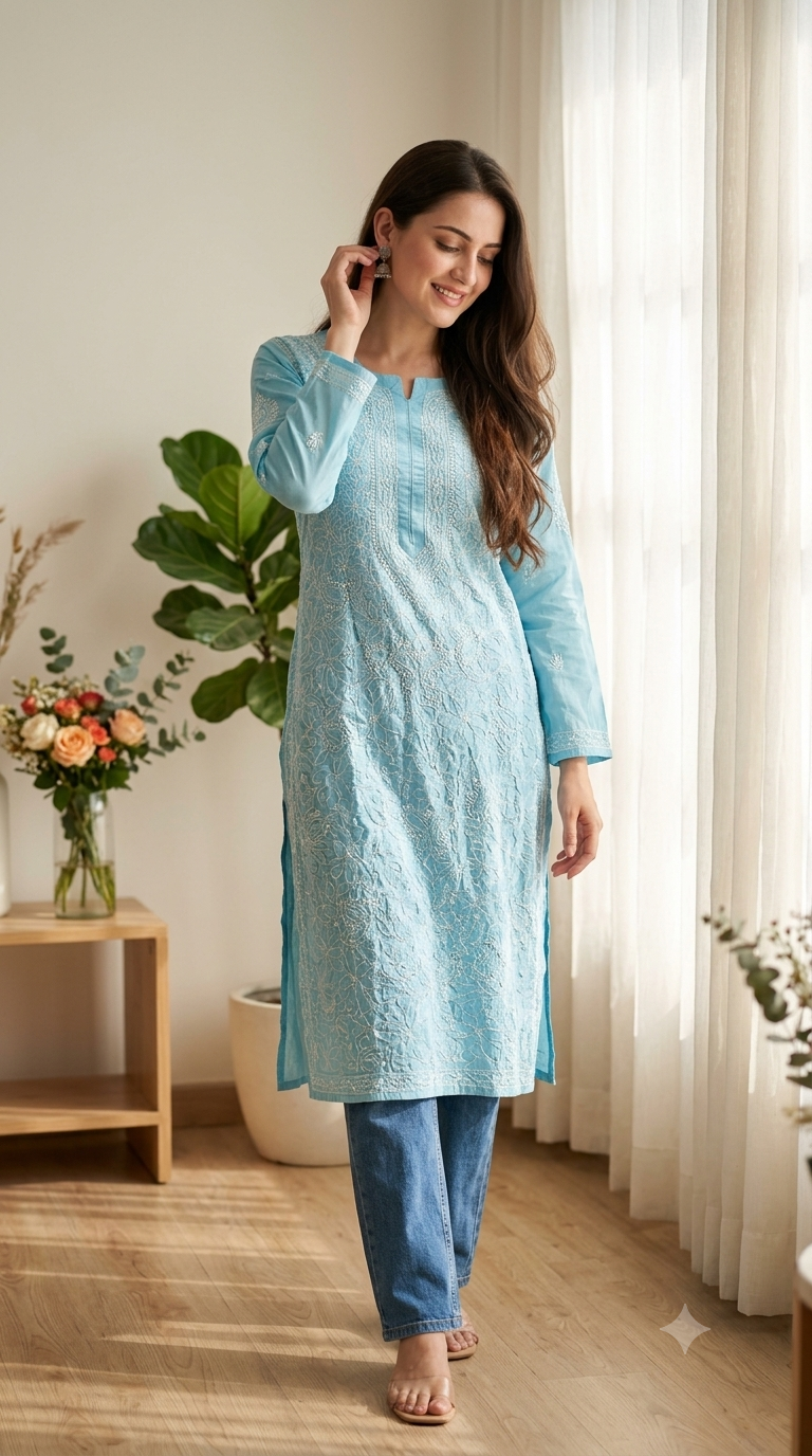 Sky Blue Cotton Fabric-Full Jall work Kurti