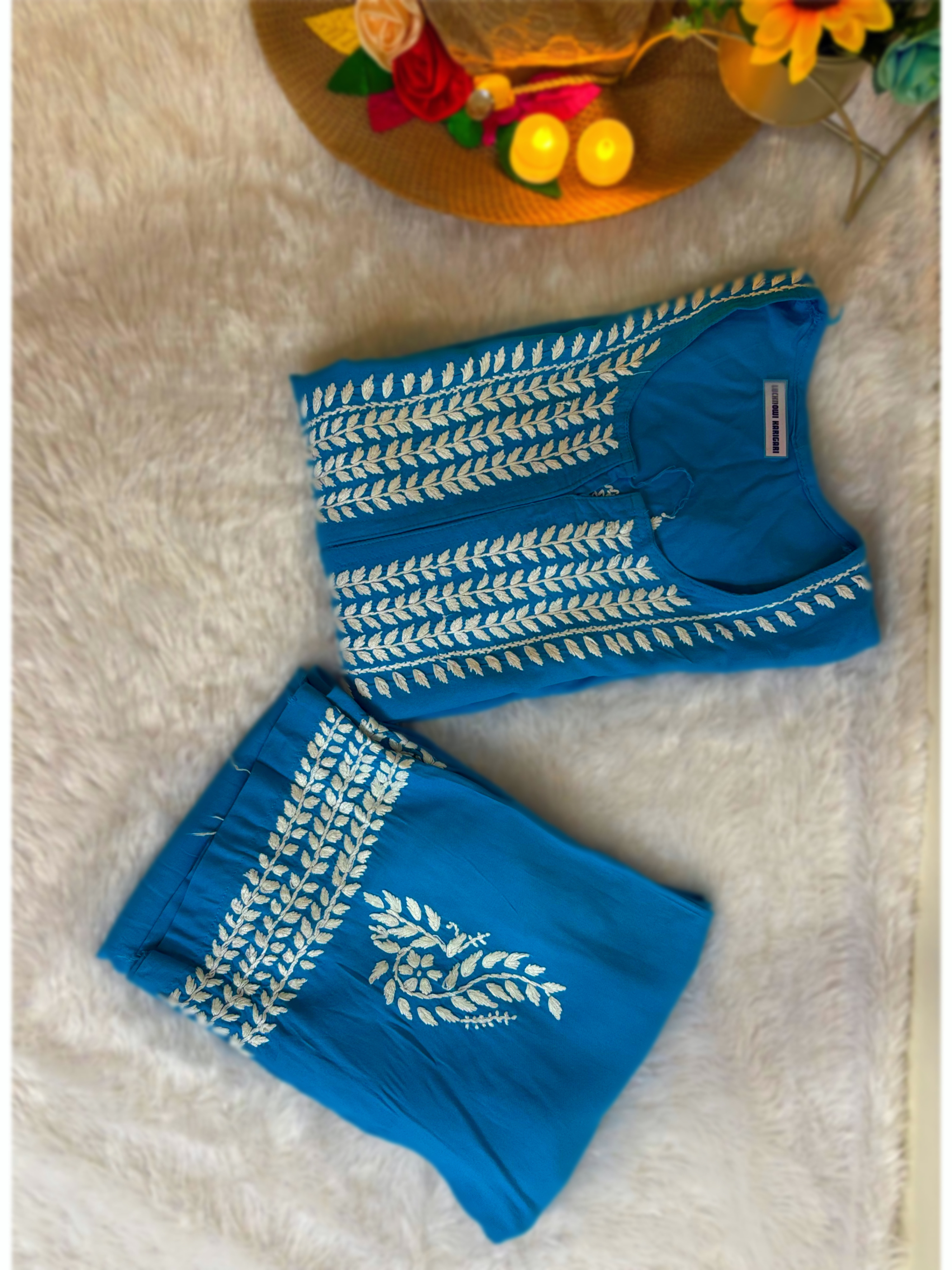 Turquise Blue- Rayon Side Bale Kurta Palazzo Set