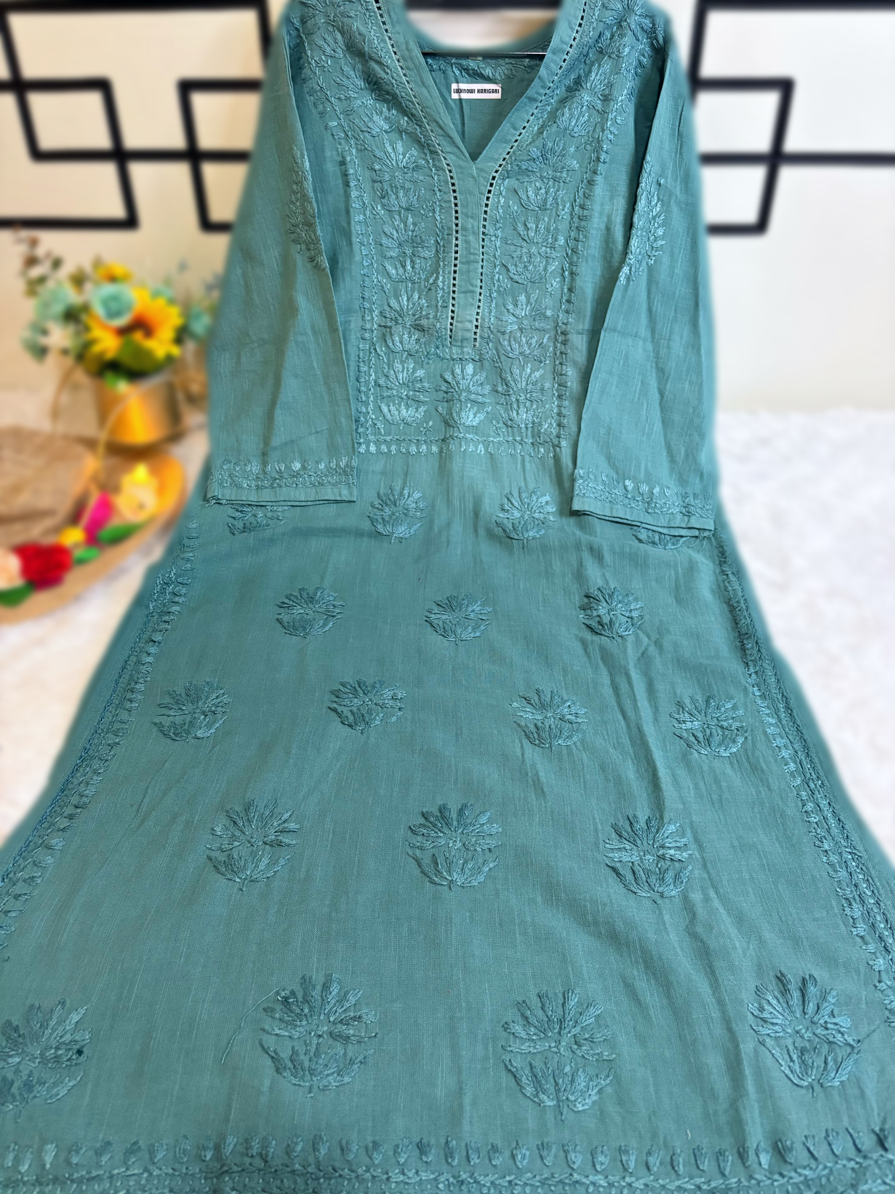 Teal Blue -Linen Embroidered Kurta