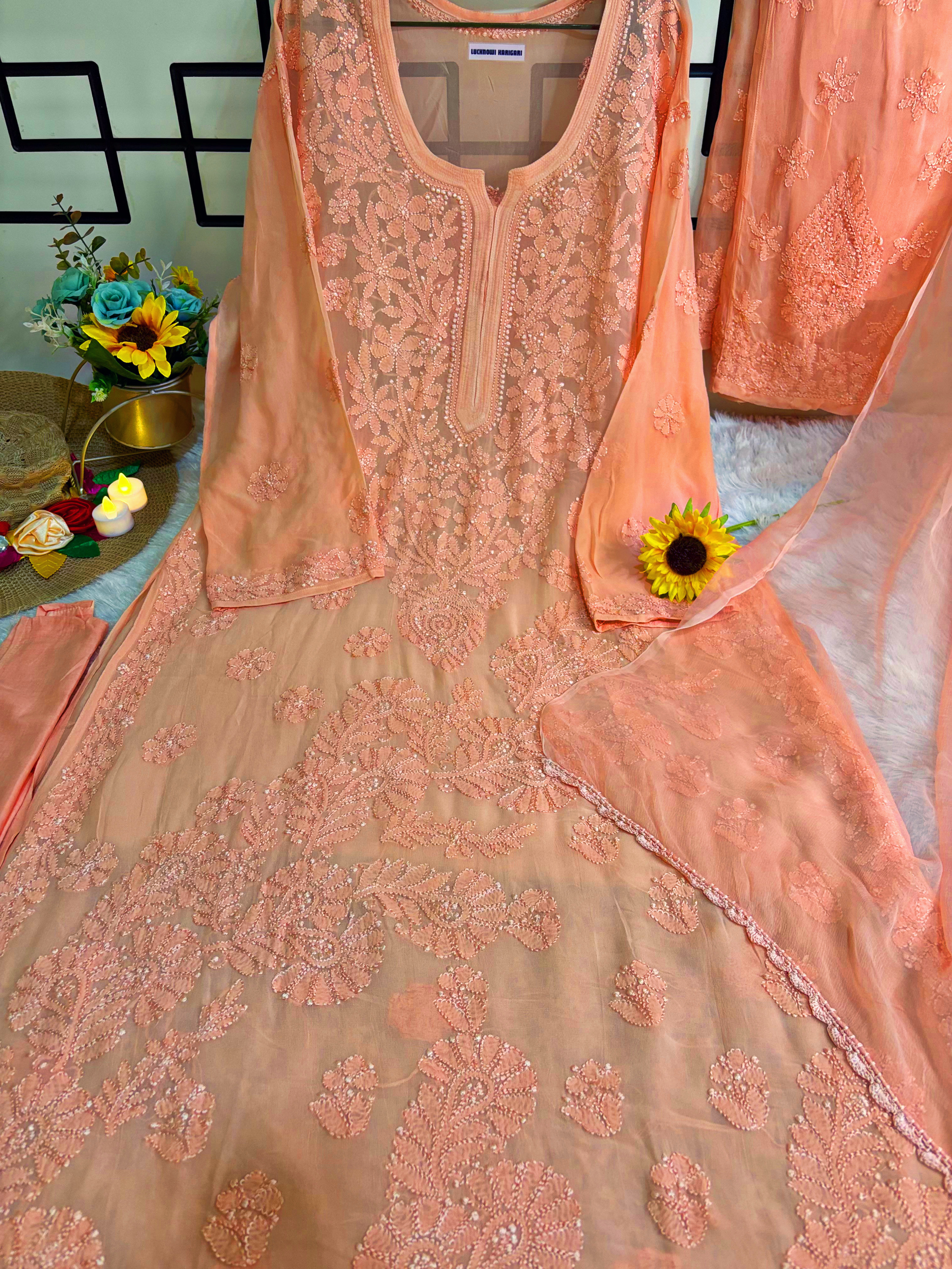 3XL- Peach Viscose Kurti Pant with Dupatta Set
