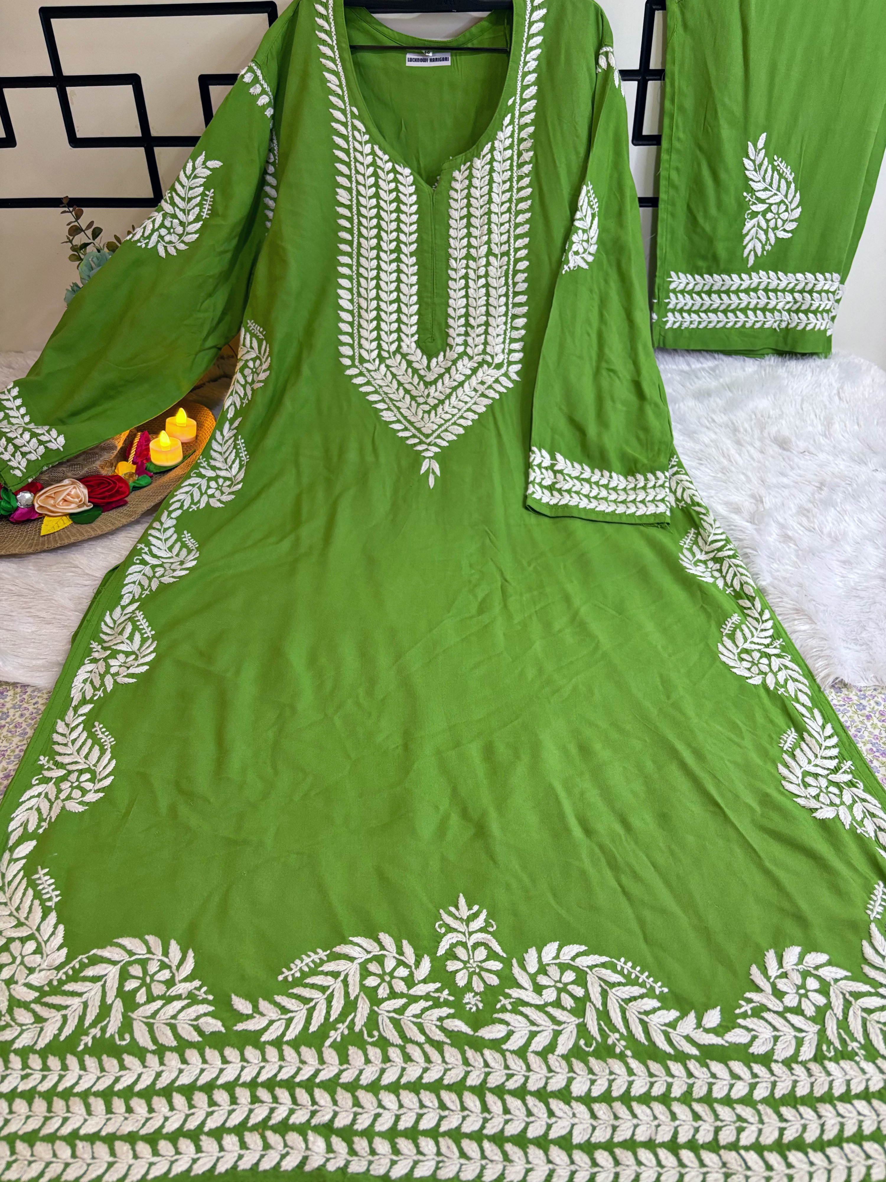 Mehndi Green- Rayon Side Bale Kurta Palazzo Set
