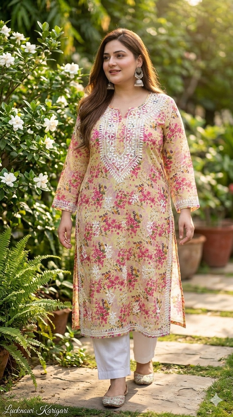 Malmal Cotton fabric - Yellow Ornage- Plus Kurti