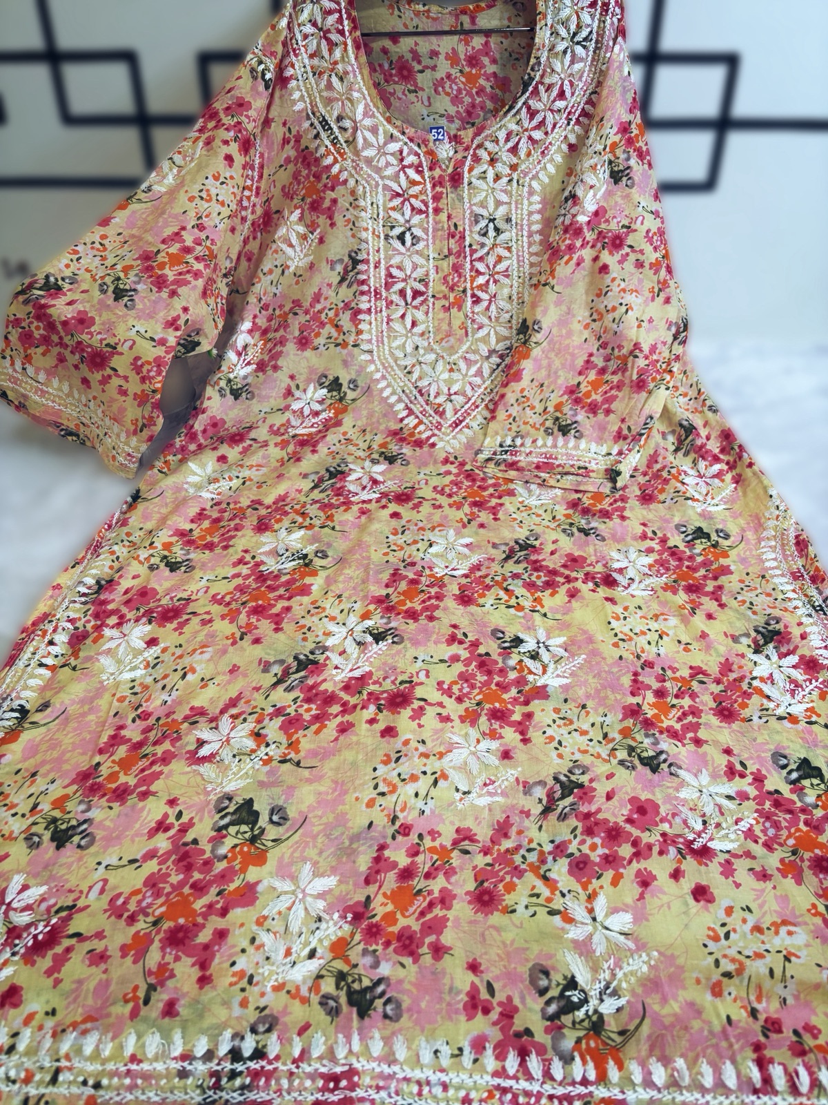 Malmal Cotton fabric - Yellow Ornage- Plus Kurti