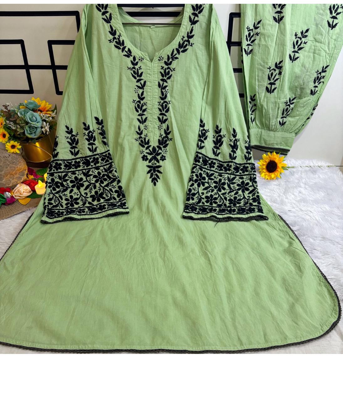 Malmal Cotton-Pista Green Kurti with Afgani Shalwar