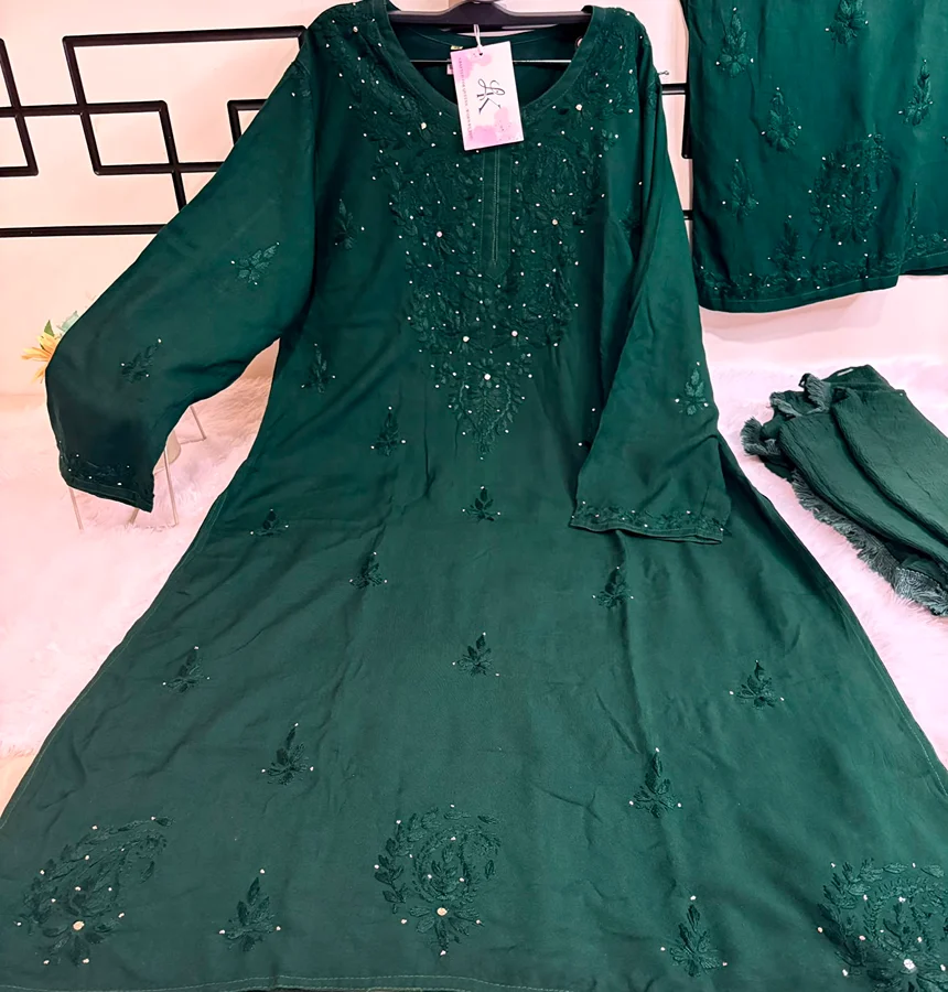 Bottel Green Rayon fabric Mukesh work 3 Psc Set