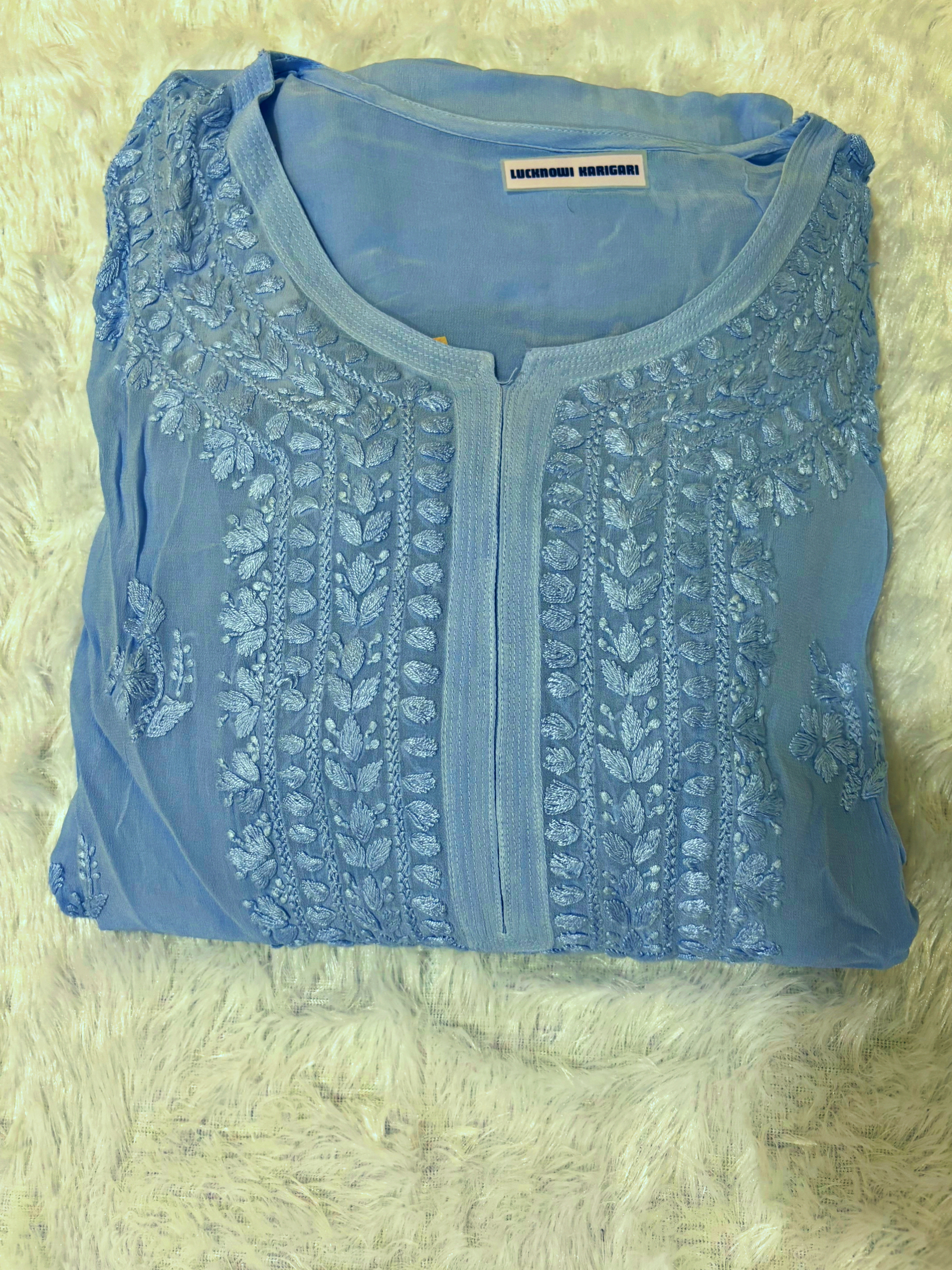 XXL- Powder Blue Ombre- Viscose Kurti Pant with Dupatta Set 