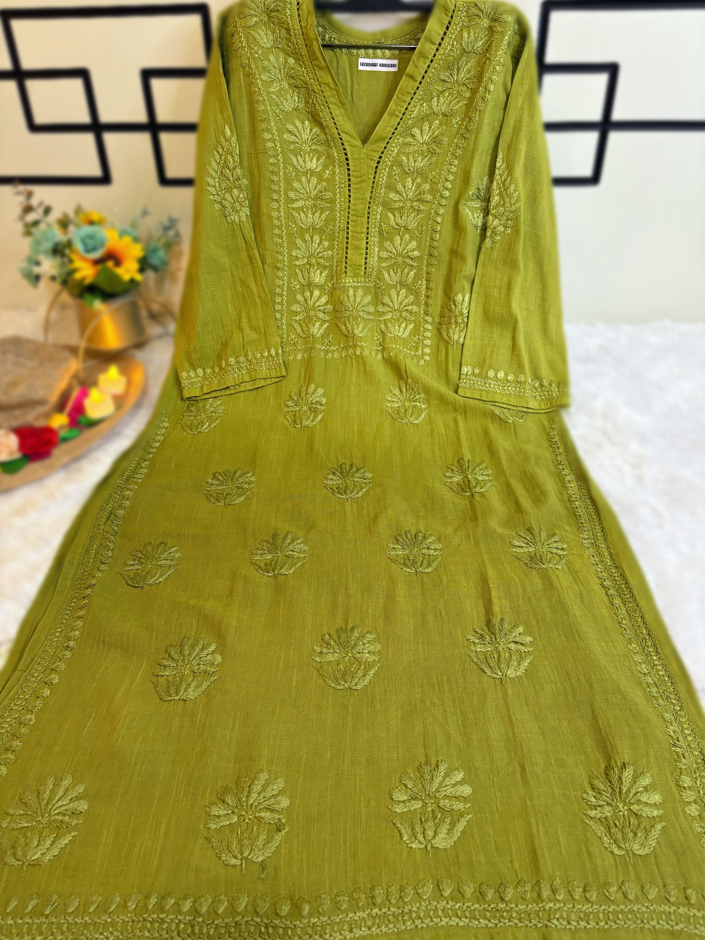 Mehndi Green -Linen Embroidered Kurta