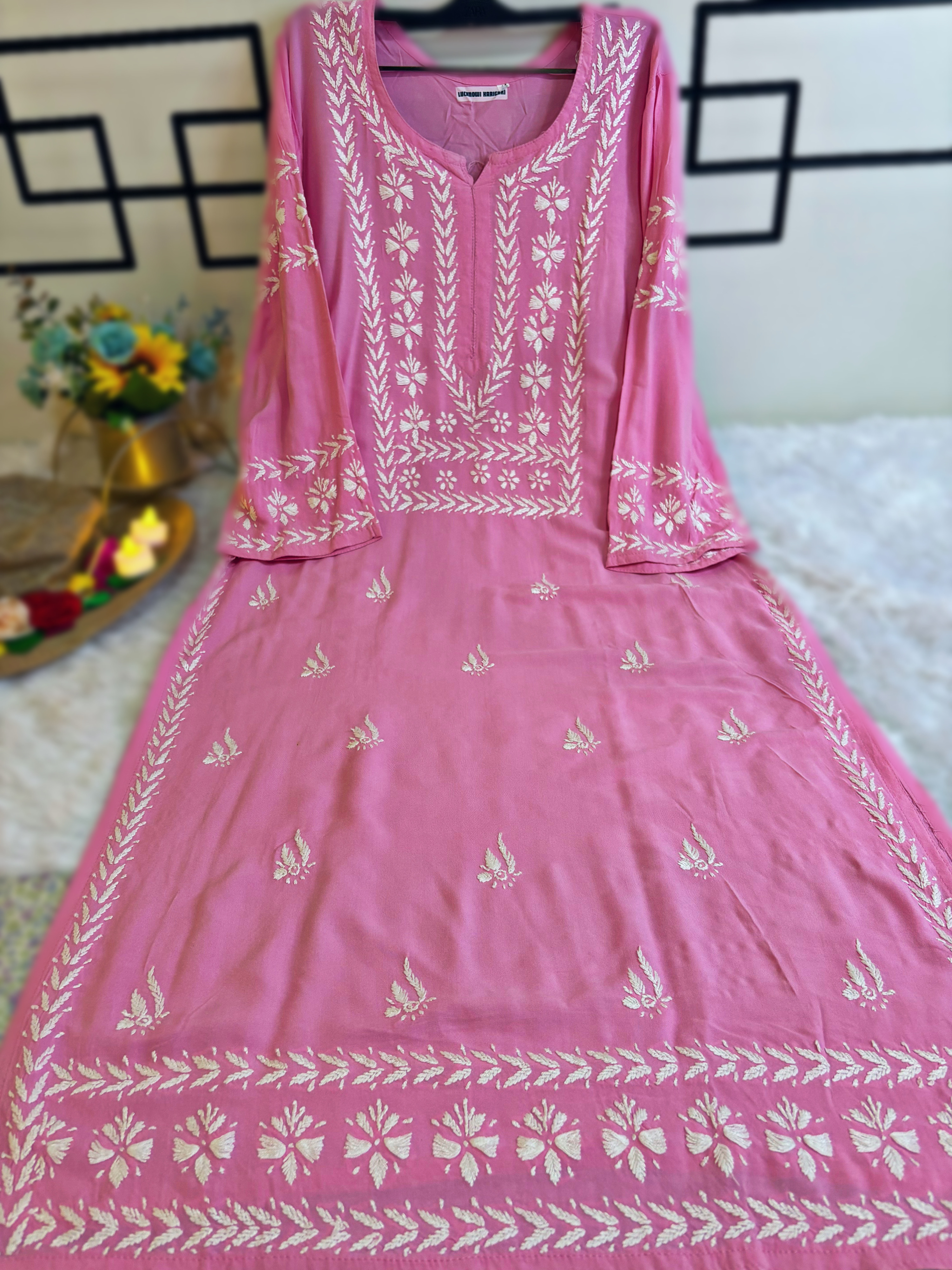 Heer Rayon- Baby Pink Sleeve Work Kurti