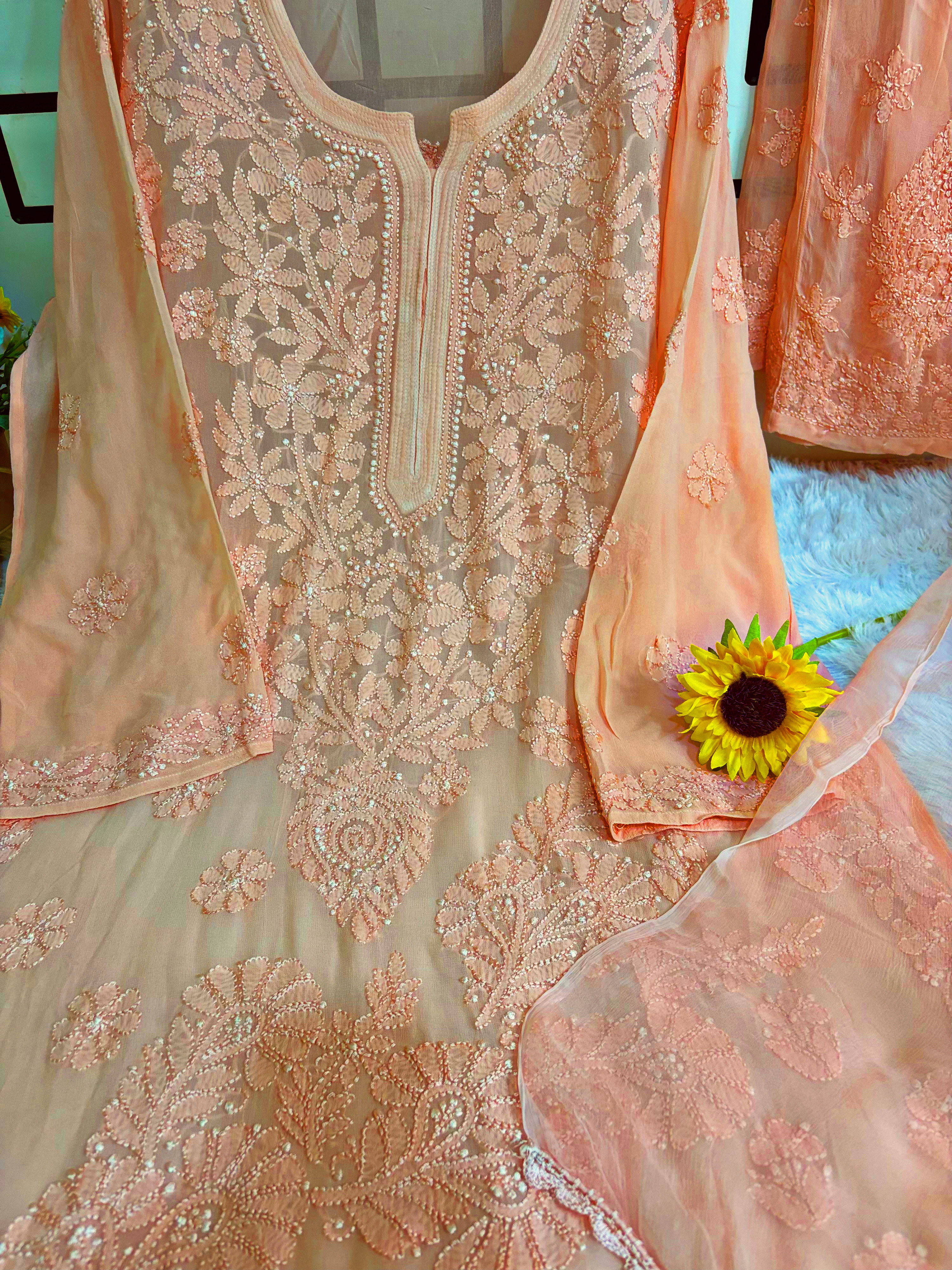 3XL- Peach Viscose Kurti Pant with Dupatta Set 