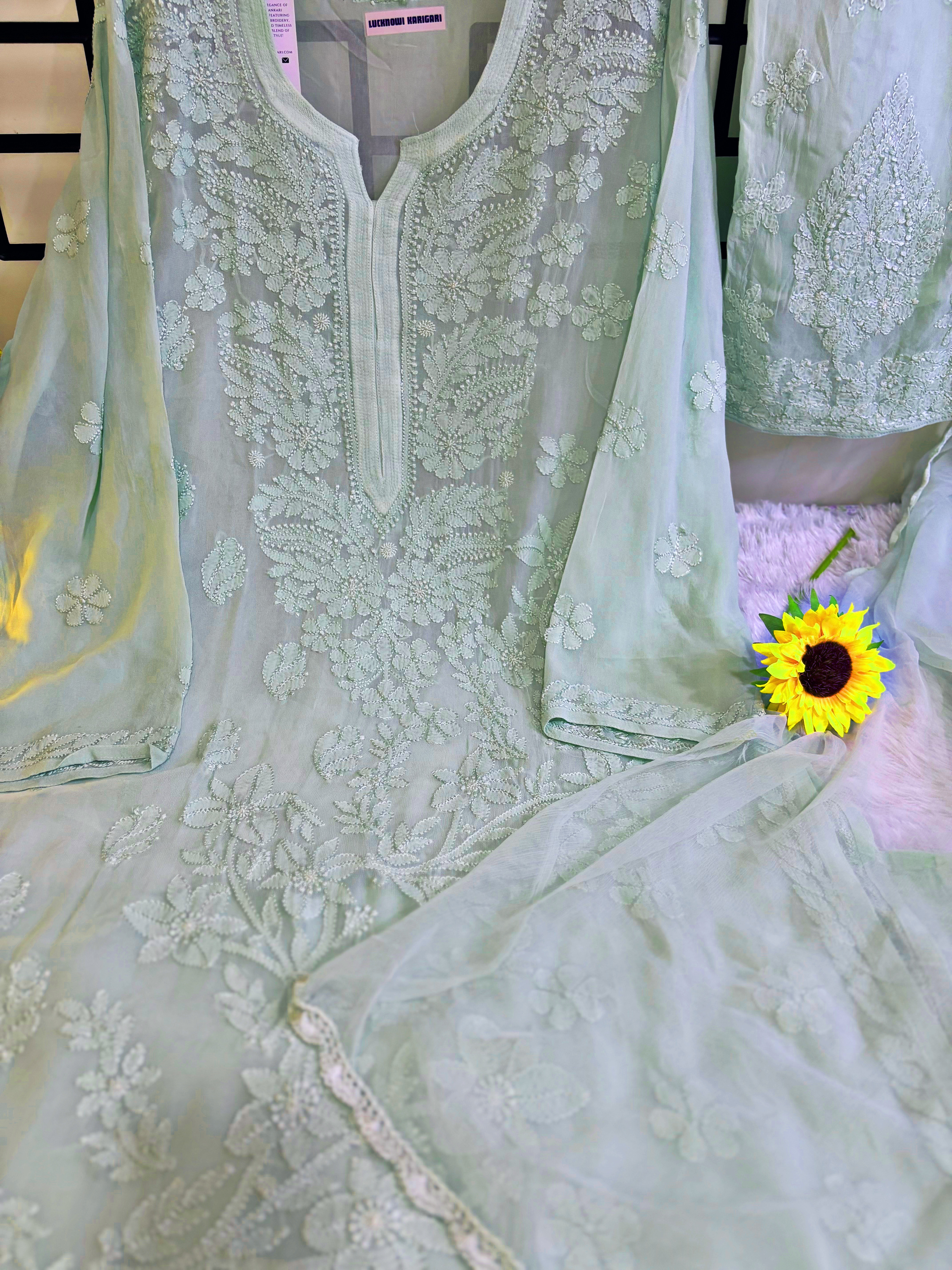 L- Pista Green Viscose Kurti Pant with Dupatta Set 