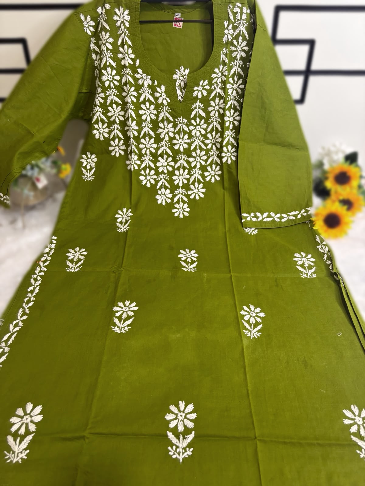 Cotton Full Neck Work Mehndi Kurta