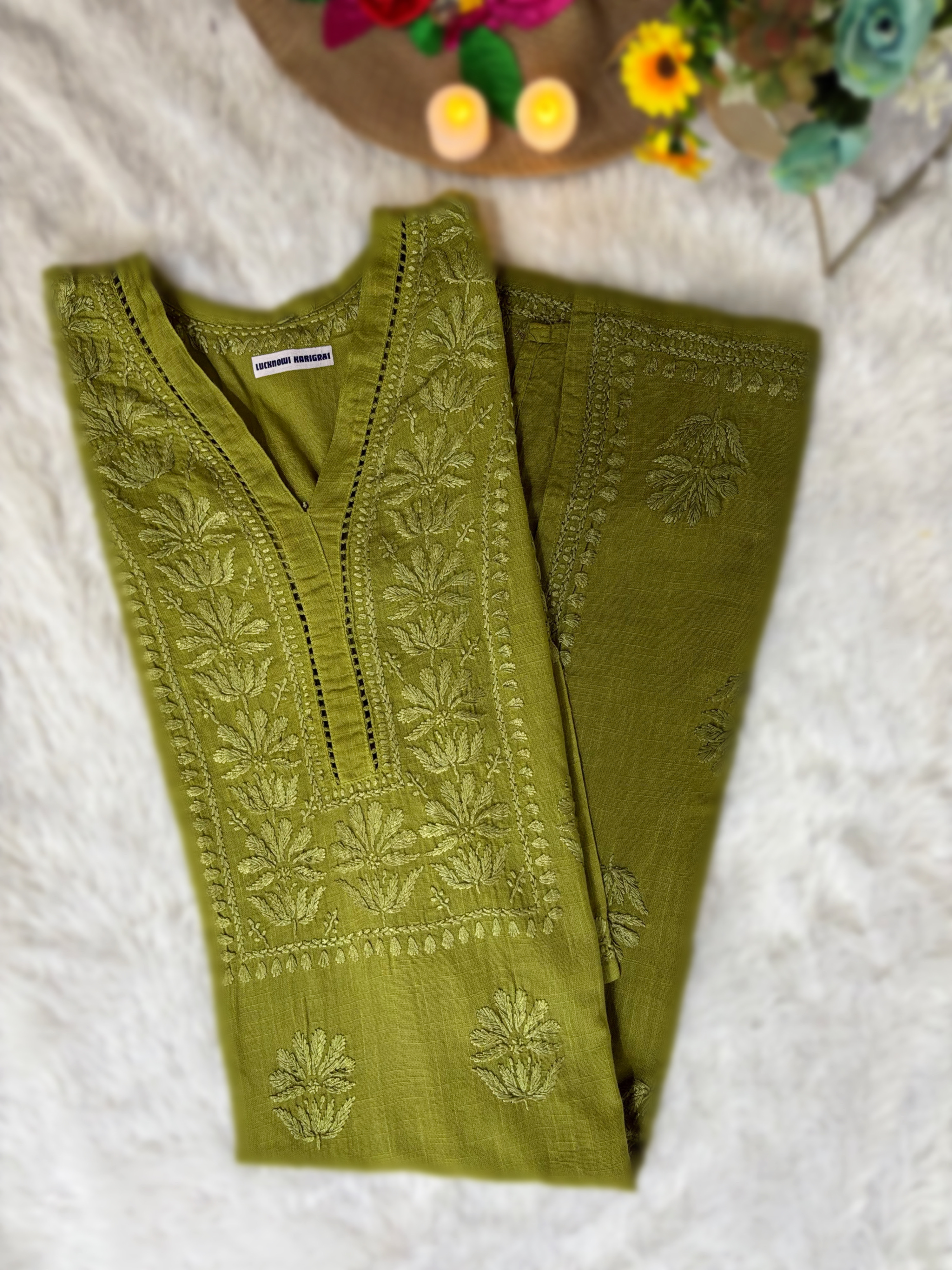 Mehndi Green -Linen Embroidered Kurta