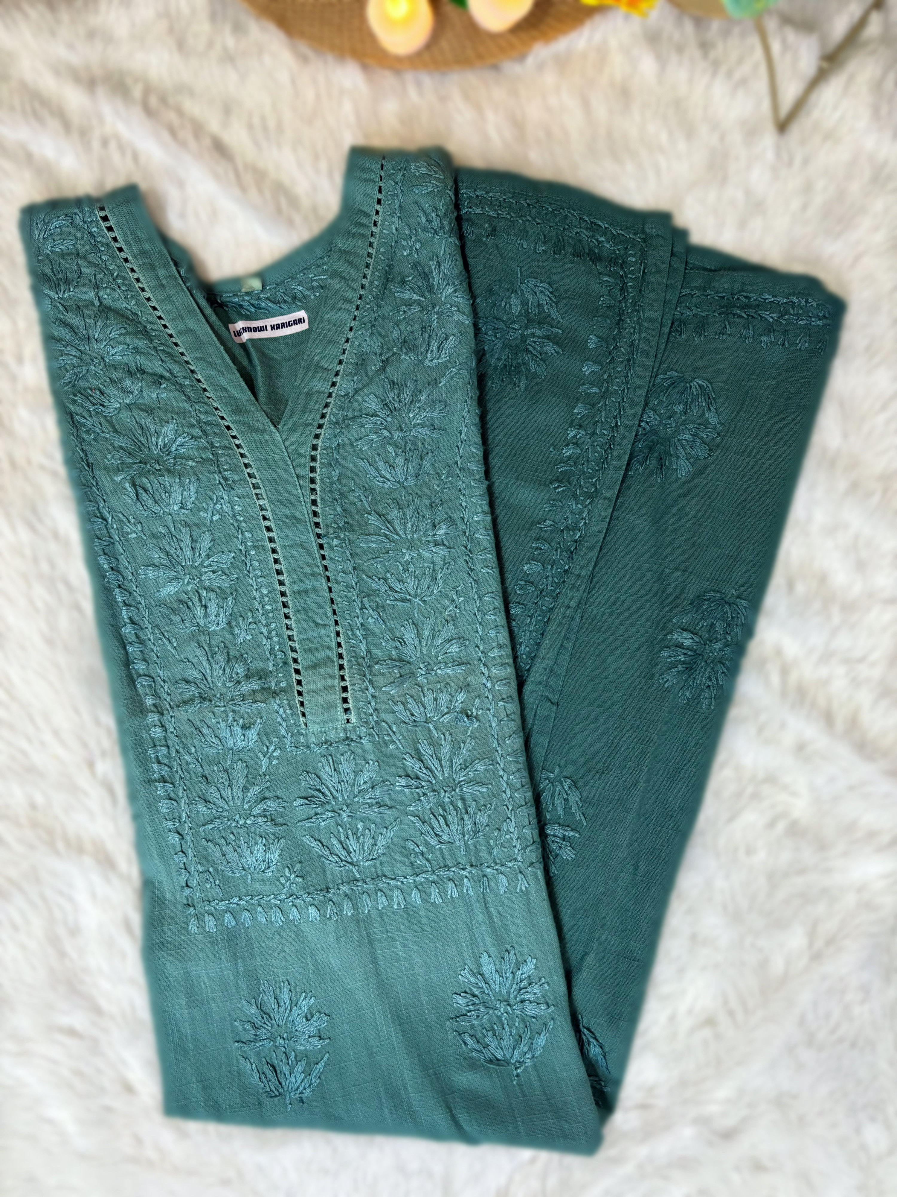 Teal Blue -Linen Embroidered Kurta