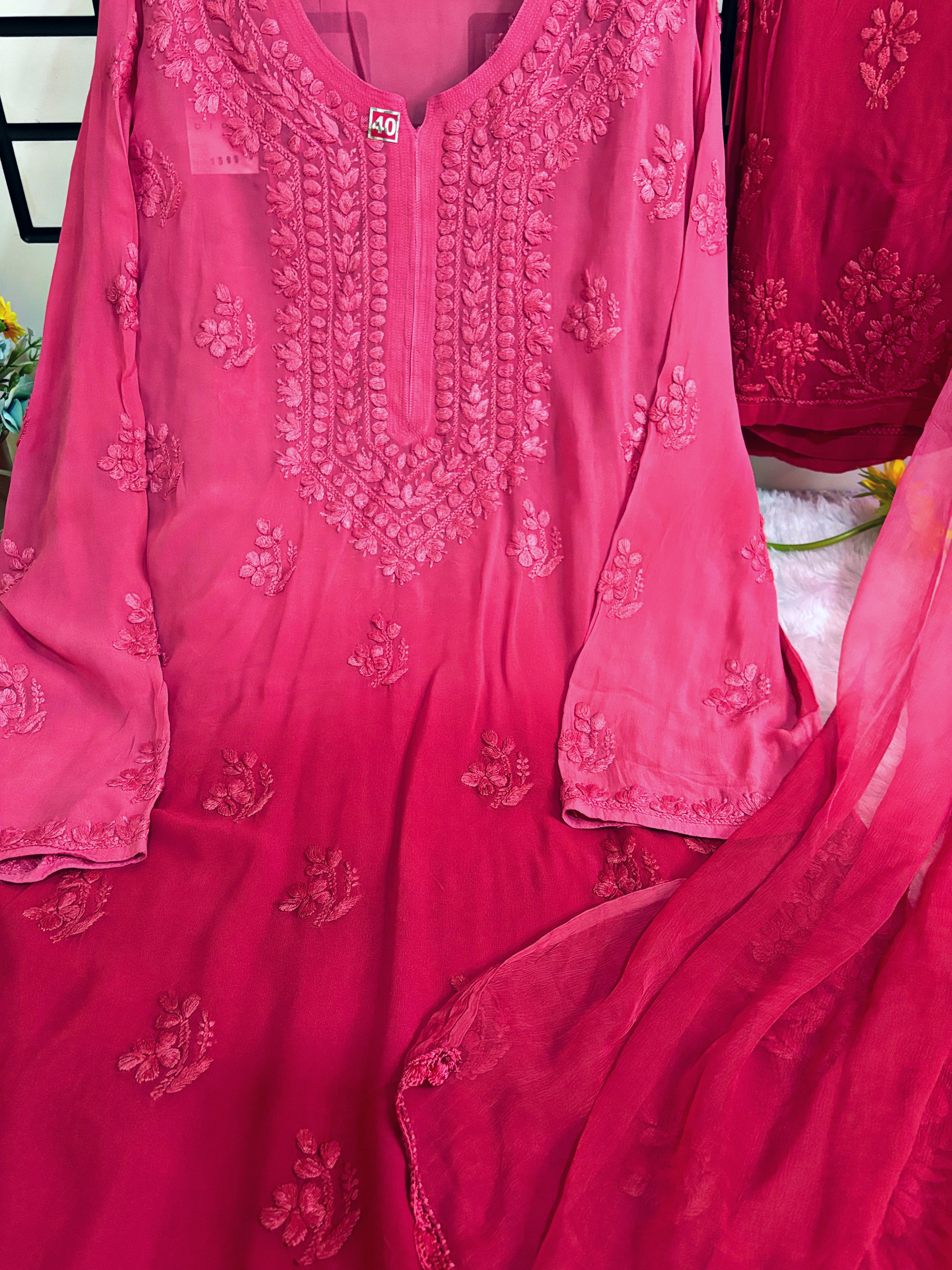 L- Pinkish Red Ombre- Viscose Kurti Pant with Dupatta Set 