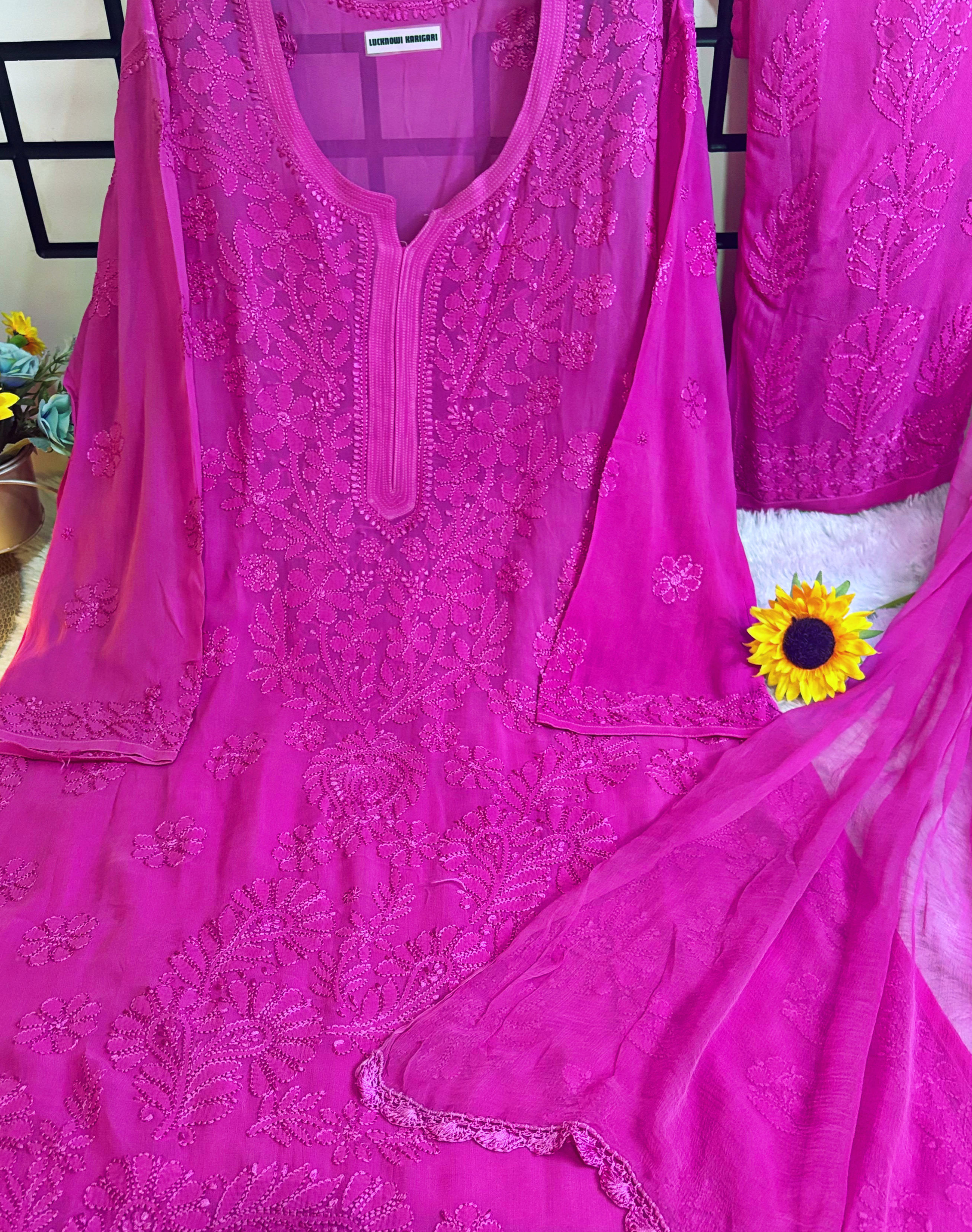 XXL- Fuchsia Pink Viscose Kurti Pant with Dupatta Set 