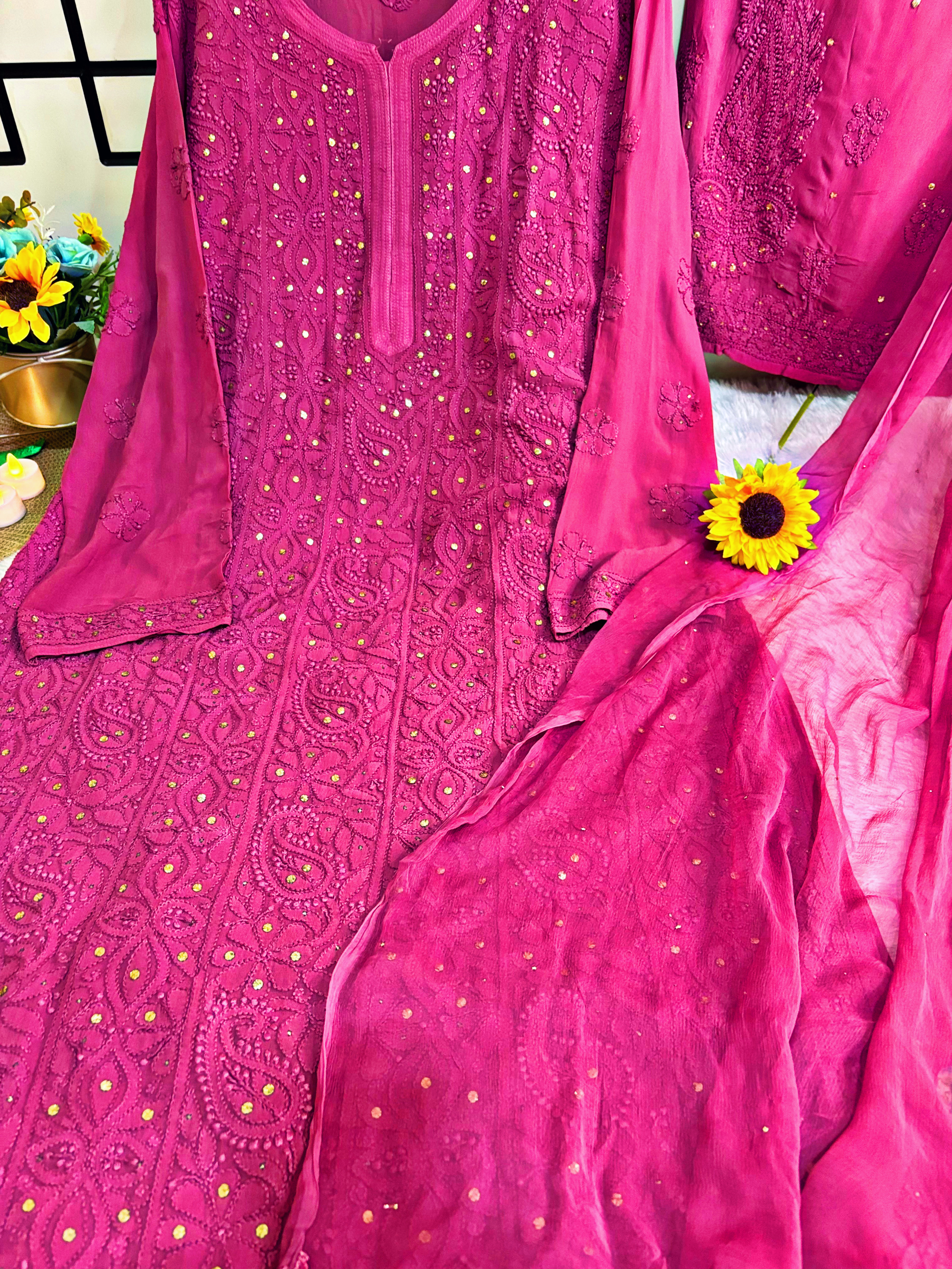 XXL- - Wine-Viscose Kurti Pant with Dupatta Set