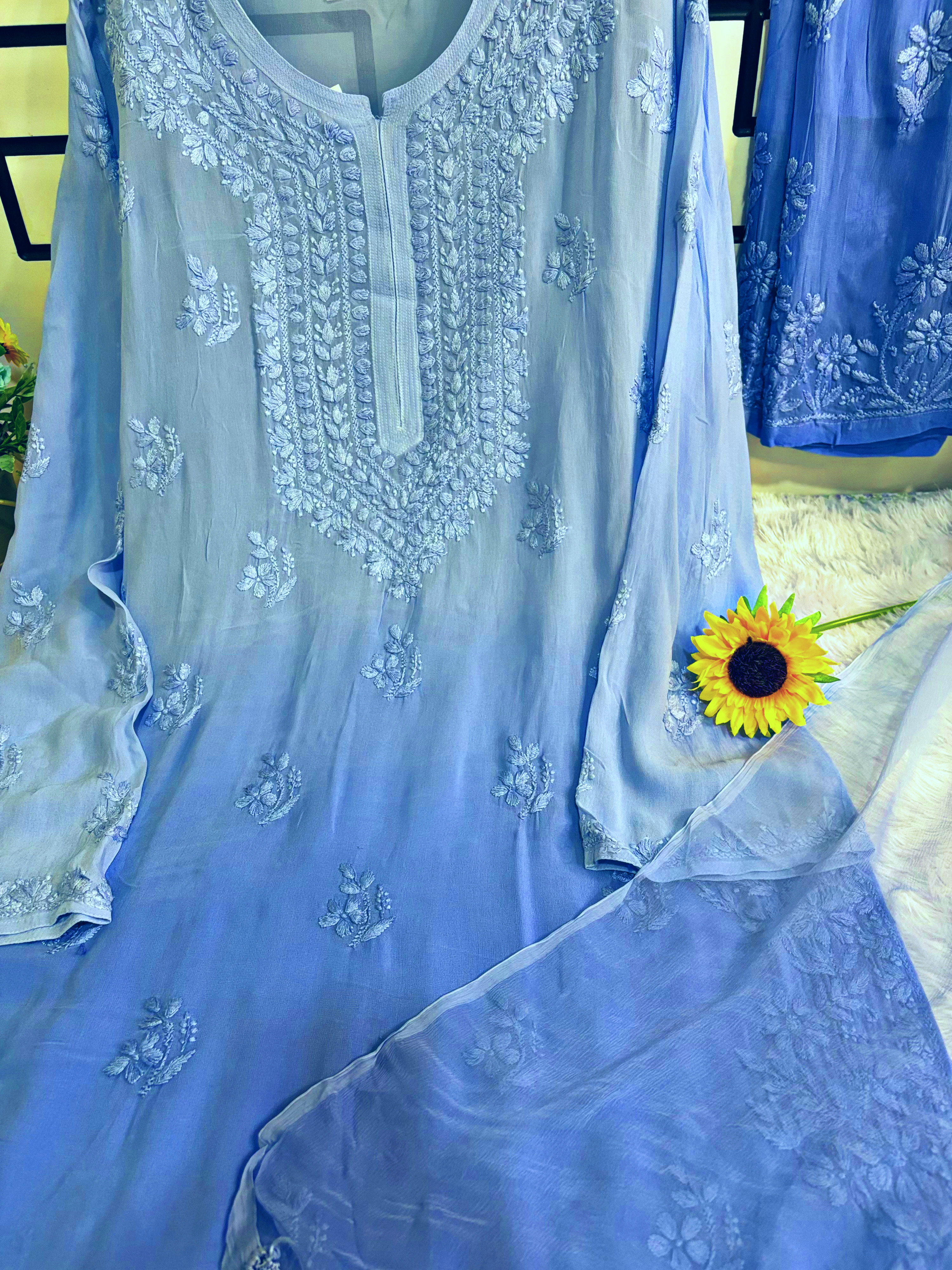 XXL- Powder Blue Ombre- Viscose Kurti Pant with Dupatta Set 