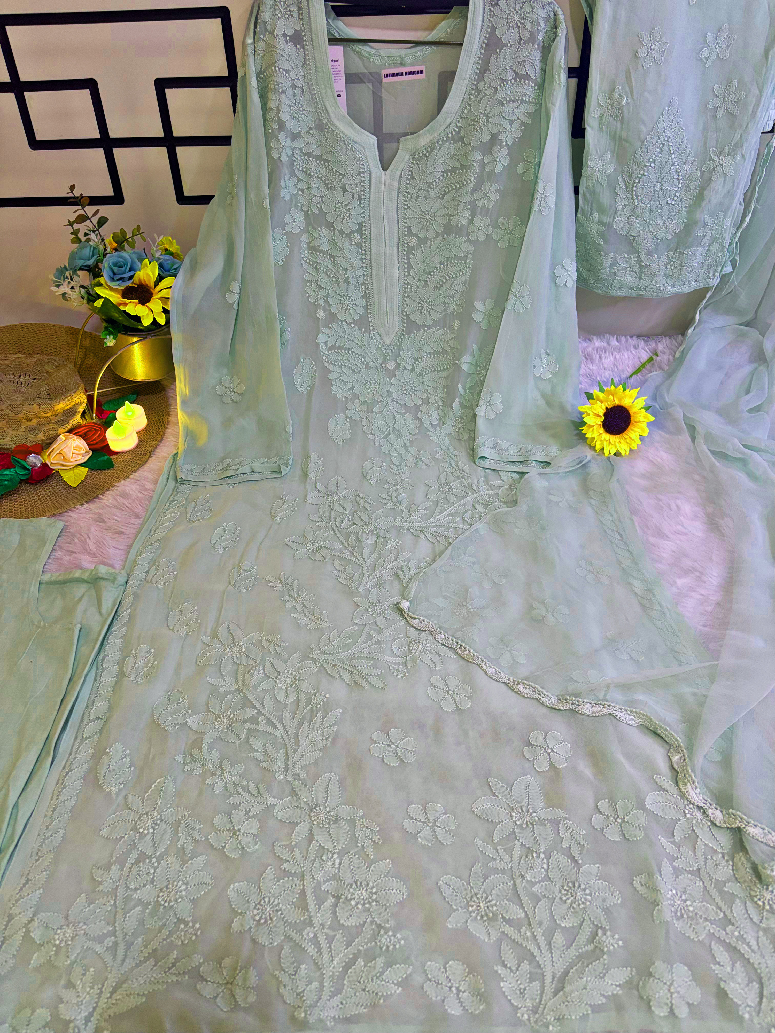 L- Pista Green Viscose Kurti Pant with Dupatta Set