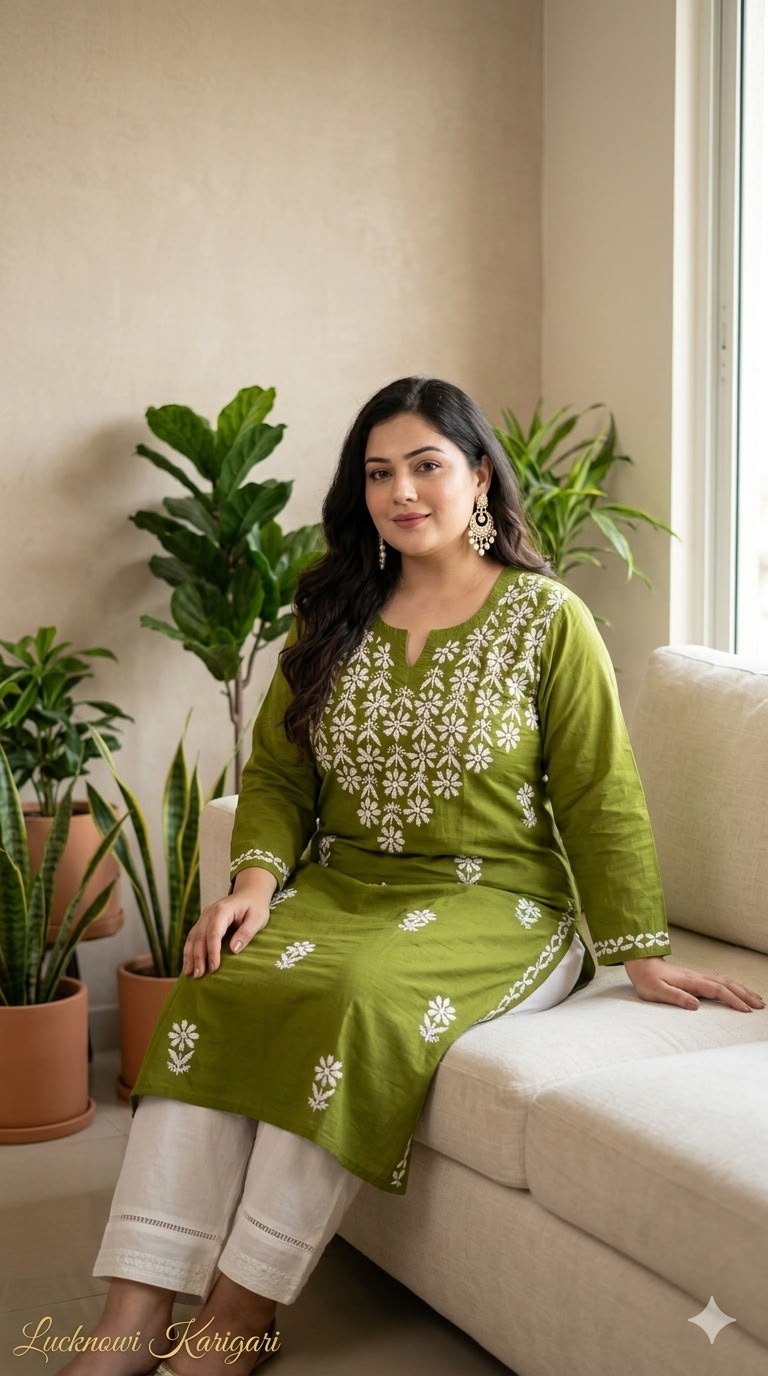 Cotton Full Neck Work Mehndi Kurta
