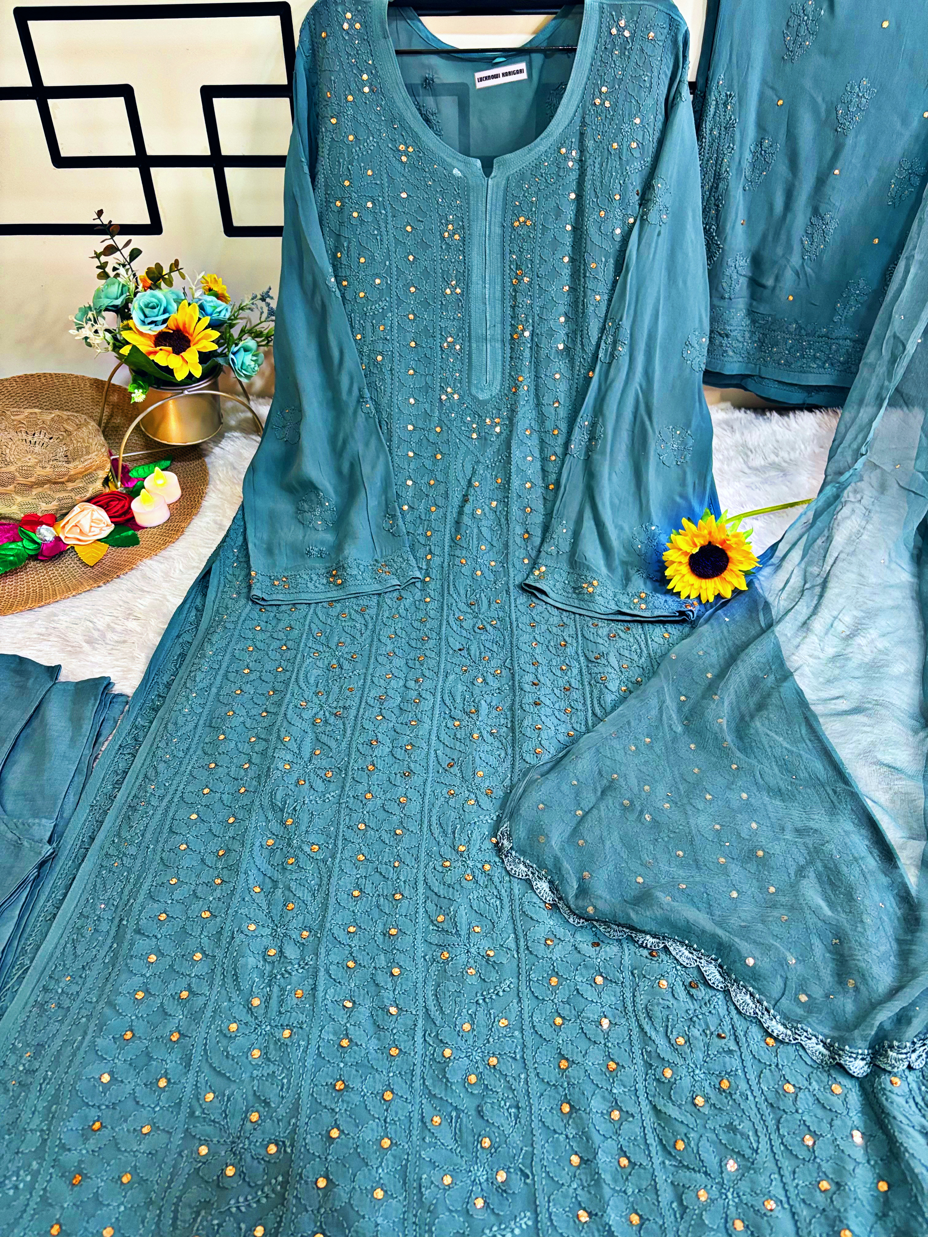 XL- Teal Green- Viscose Kurti Pant with Dupatta Set