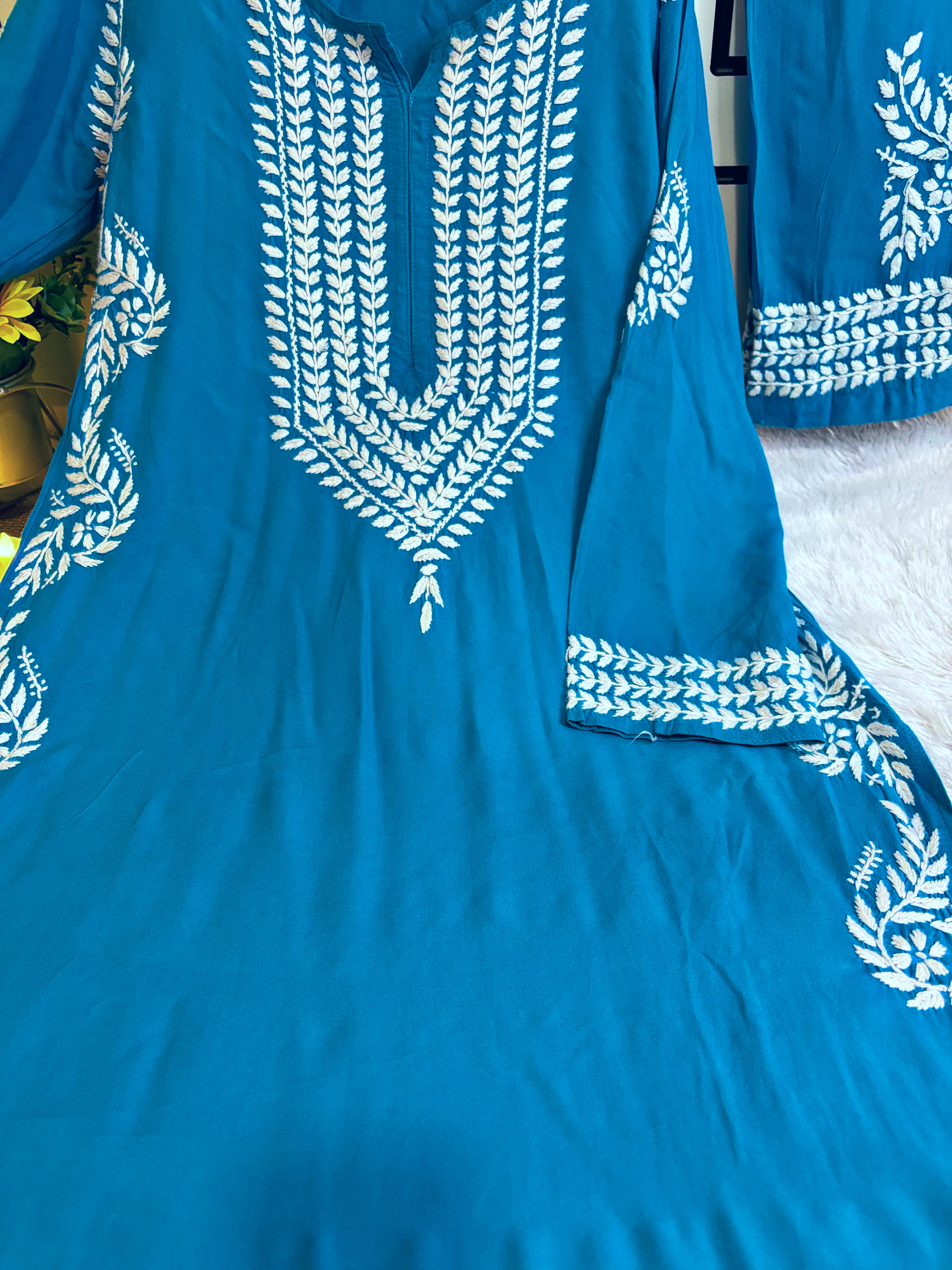 Turquise Blue- Rayon Side Bale Kurta Palazzo Set