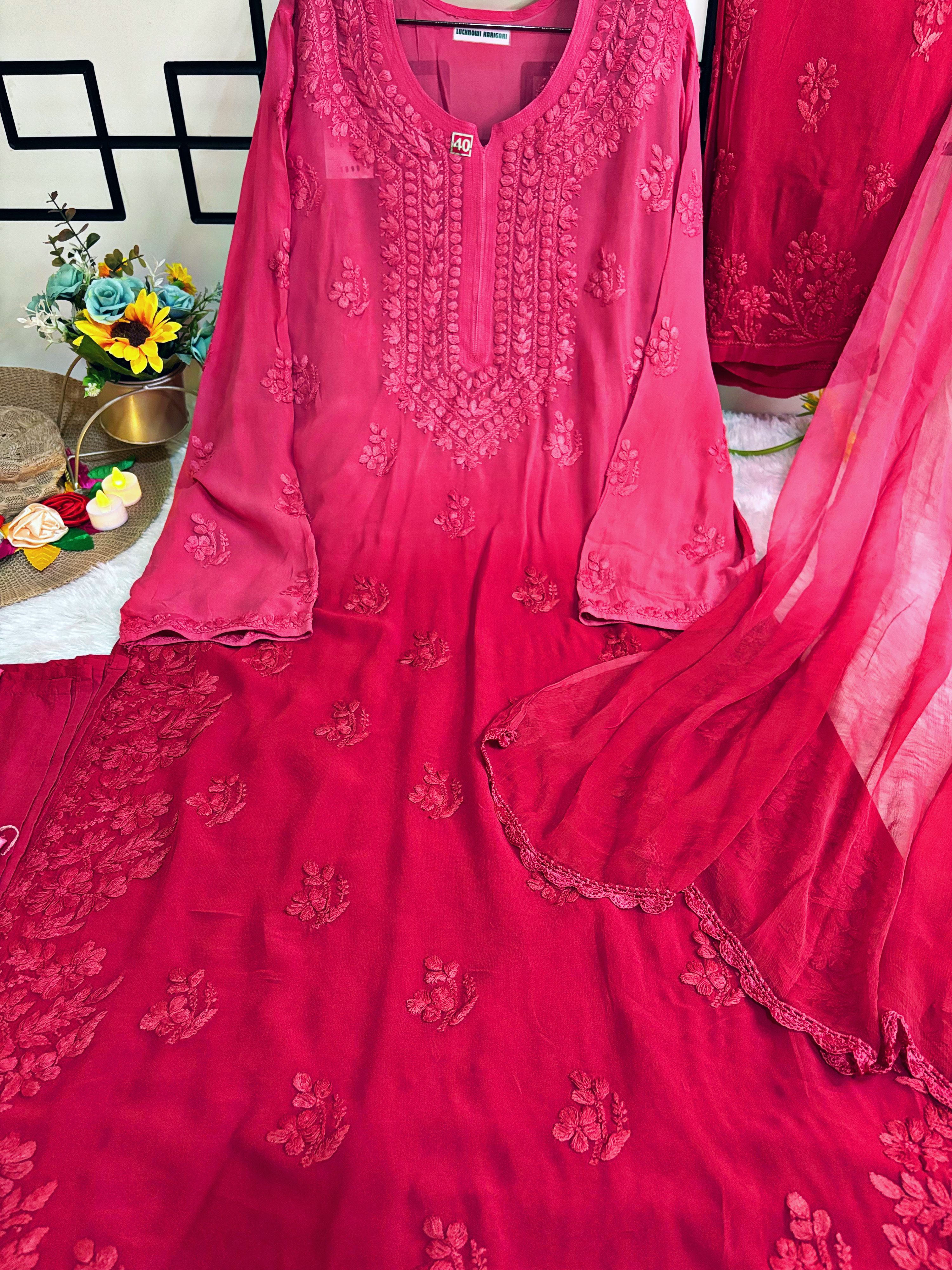 L- Pinkish Red Ombre- Viscose Kurti Pant with Dupatta Set
