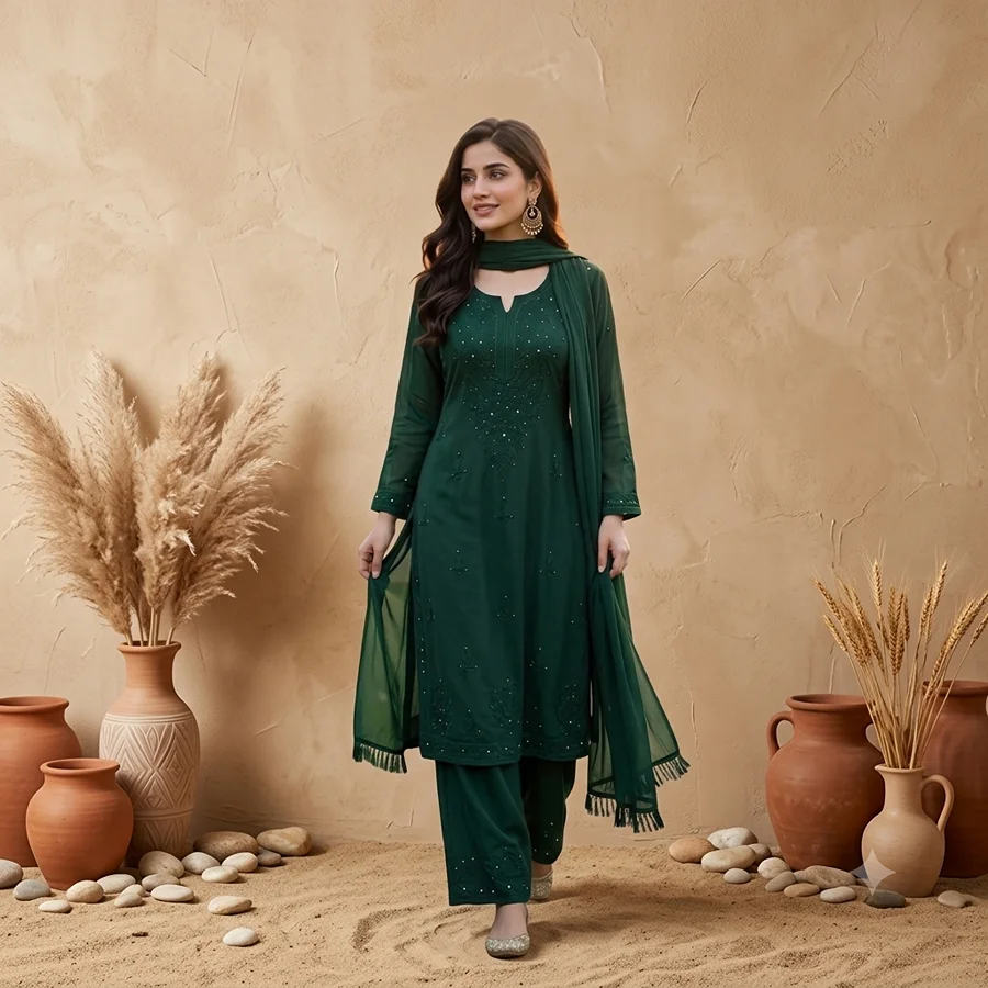Bottel Green Rayon fabric Mukesh work 3 Psc Set