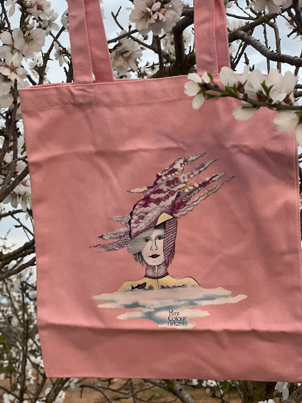 Bolsa de tela rosa ilustrada con la Flor de Cerezo | Pink tote bag illustrated with the Cherry Blossom