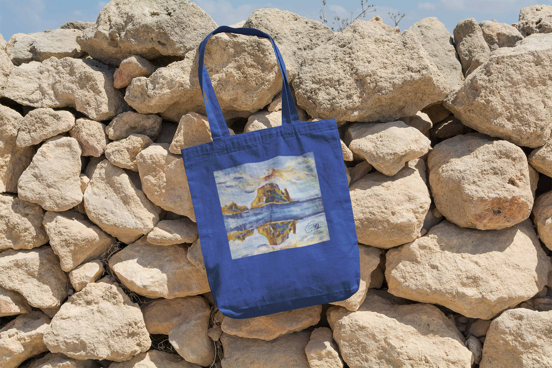 Bolsa tela azul con pintura original Es Vedra | Blue tote bag with original Es Vedra paint