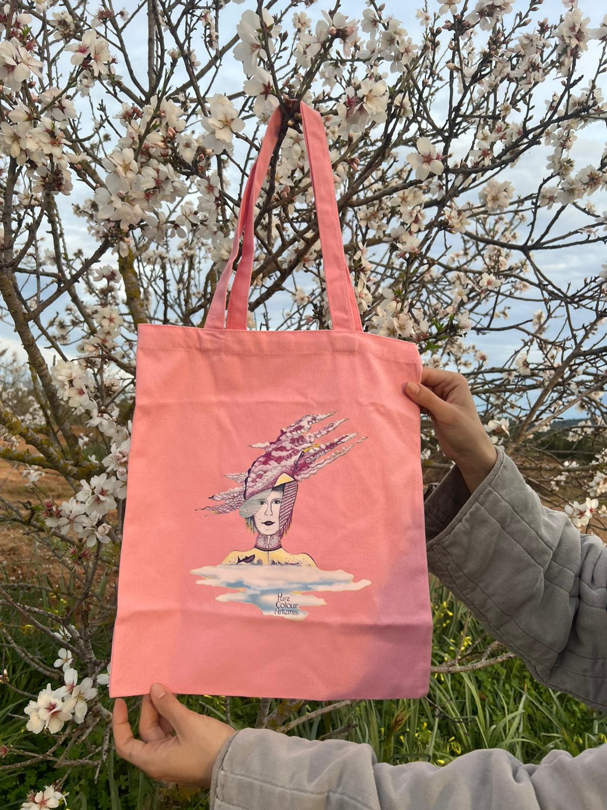 Bolsa de tela rosa ilustrada con la Flor de Cerezo | Pink tote bag illustrated with the Cherry Blossom