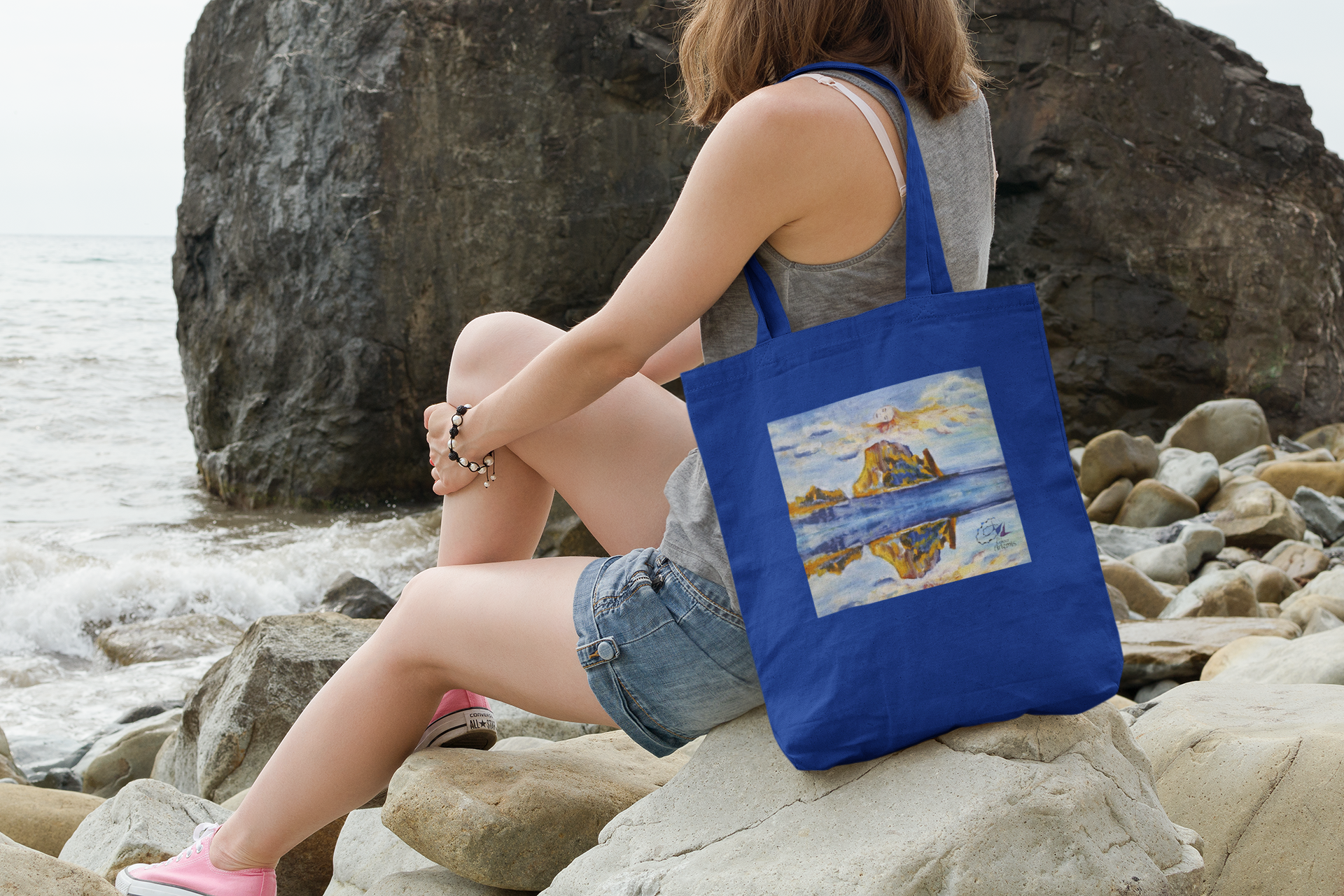 Bolsa tela azul con pintura original Es Vedra | Blue tote bag with original Es Vedra paint