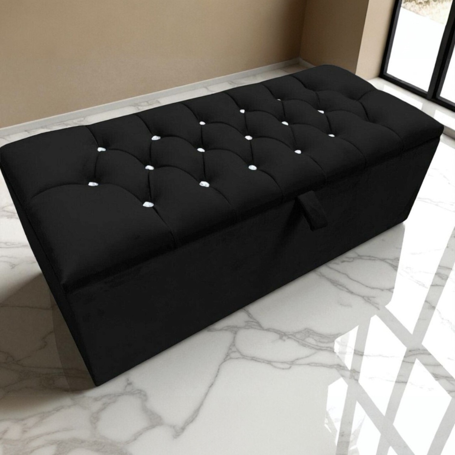Luxury Black Chesterfield Velvet Storage Ottoman