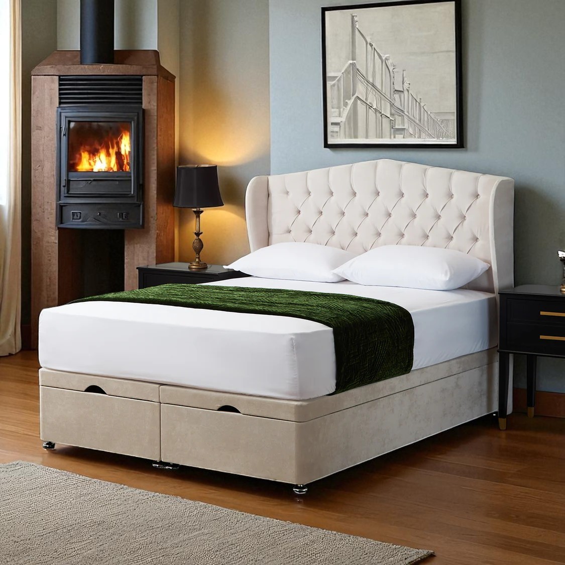 Deluxe Velvet Ottoman Bed with Tufted Wingback Headboard & Hidden Storage