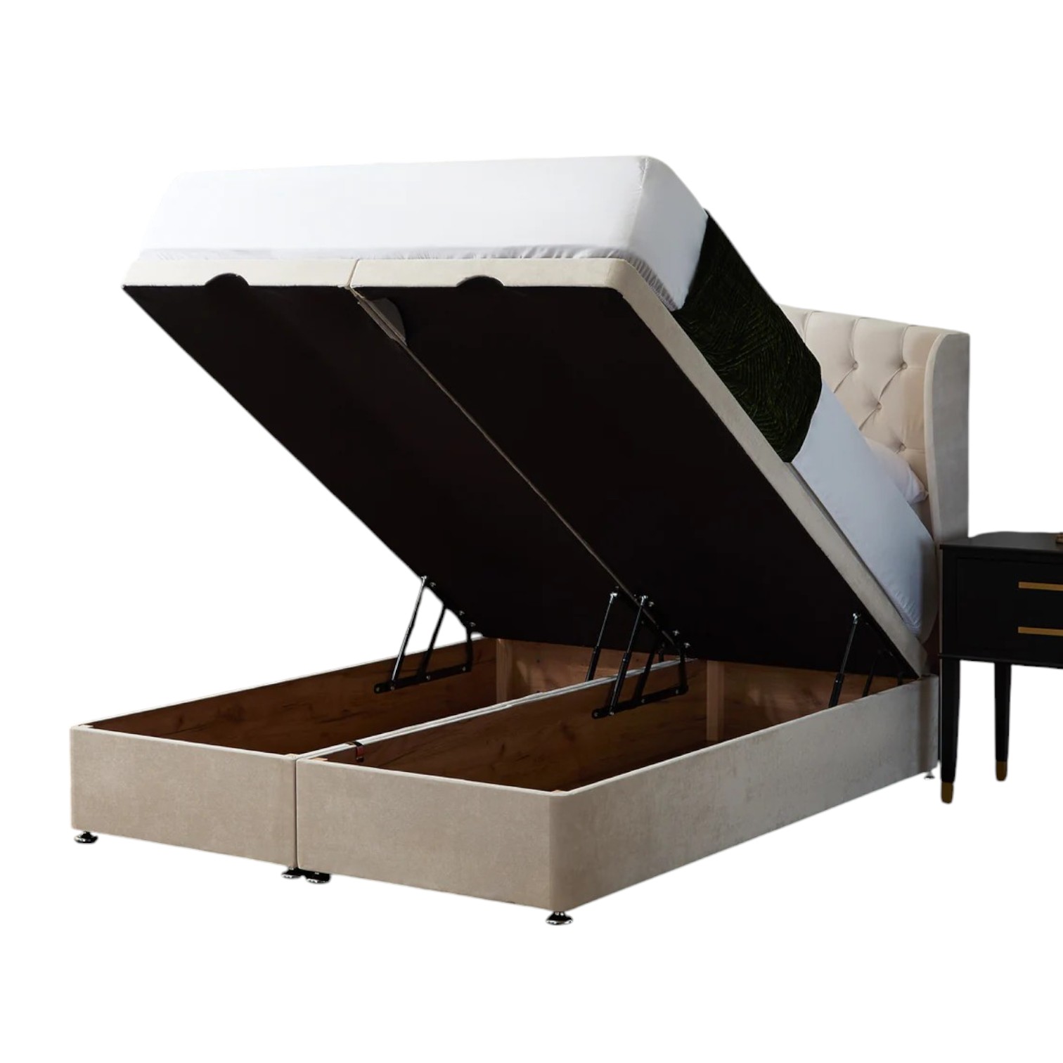 Deluxe Velvet Ottoman Bed with Tufted Wingback Headboard & Hidden Storage