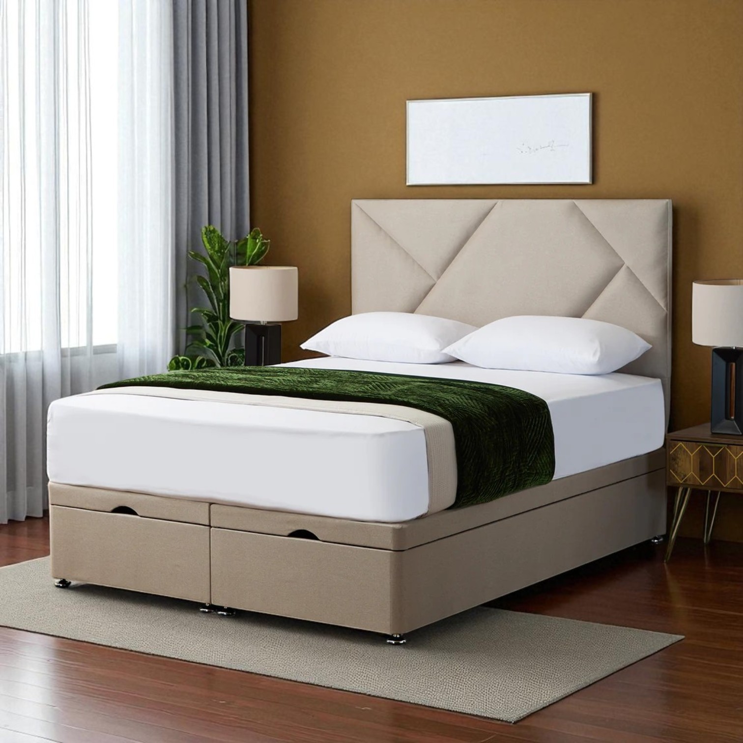 Modern Geometric Ottoman Bed with Designer Panel Headboard