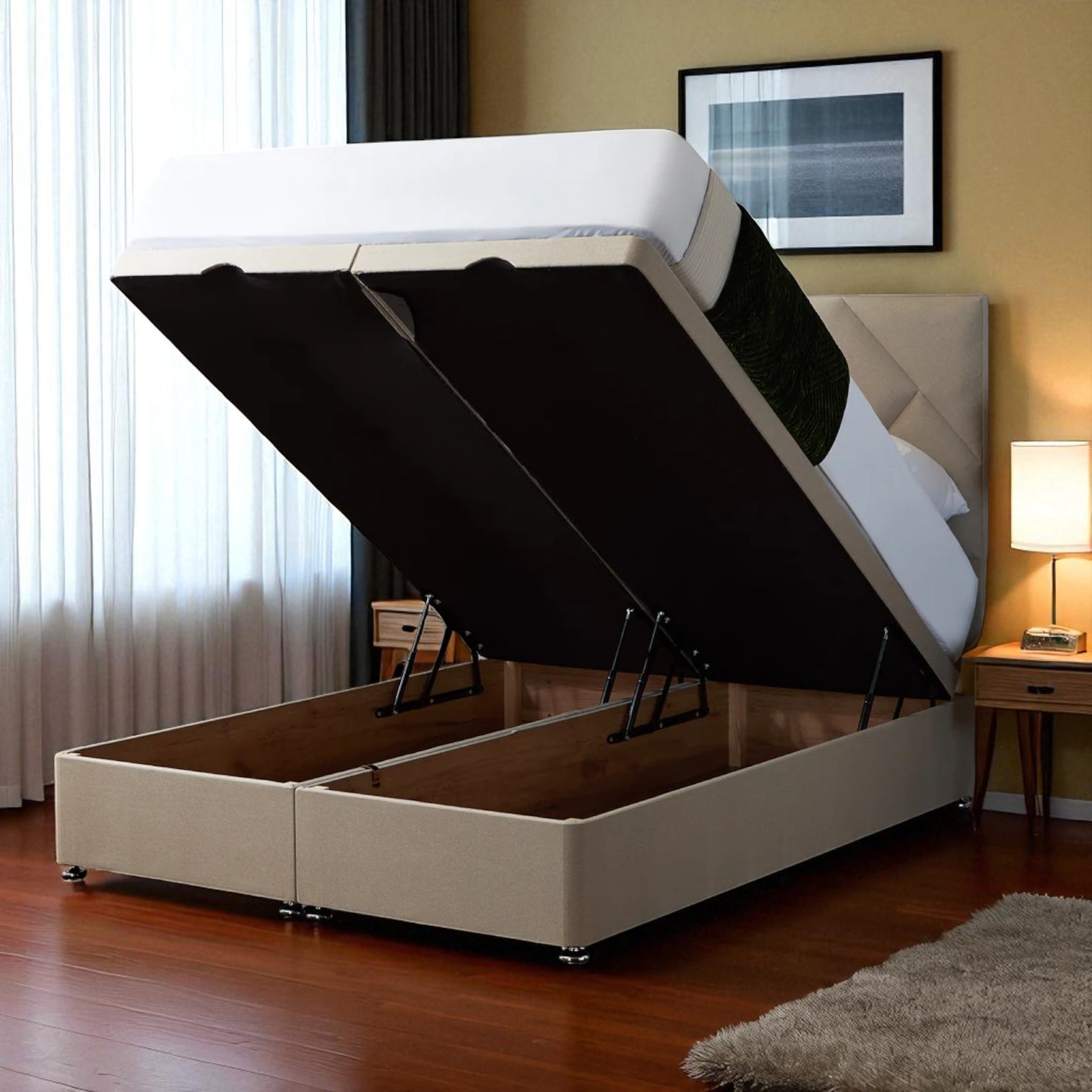 Modern Geometric Ottoman Bed with Designer Panel Headboard