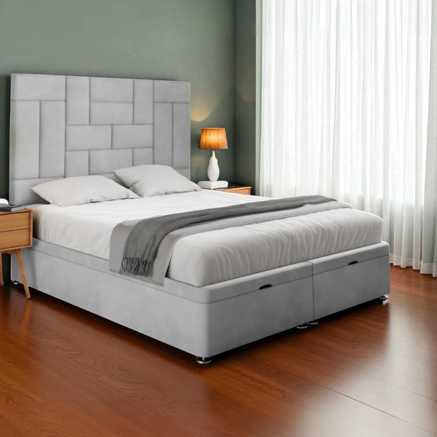 Nova Grid Panel Velvet Ottoman Bed