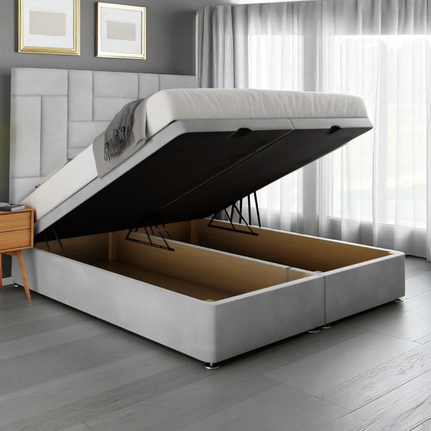 Nova Grid Panel Velvet Ottoman Bed