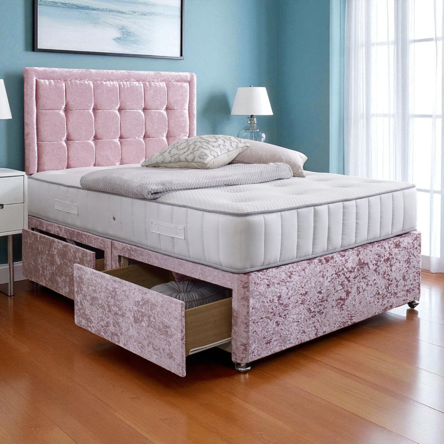 Luna Blush Storage Velvet Divan Bed