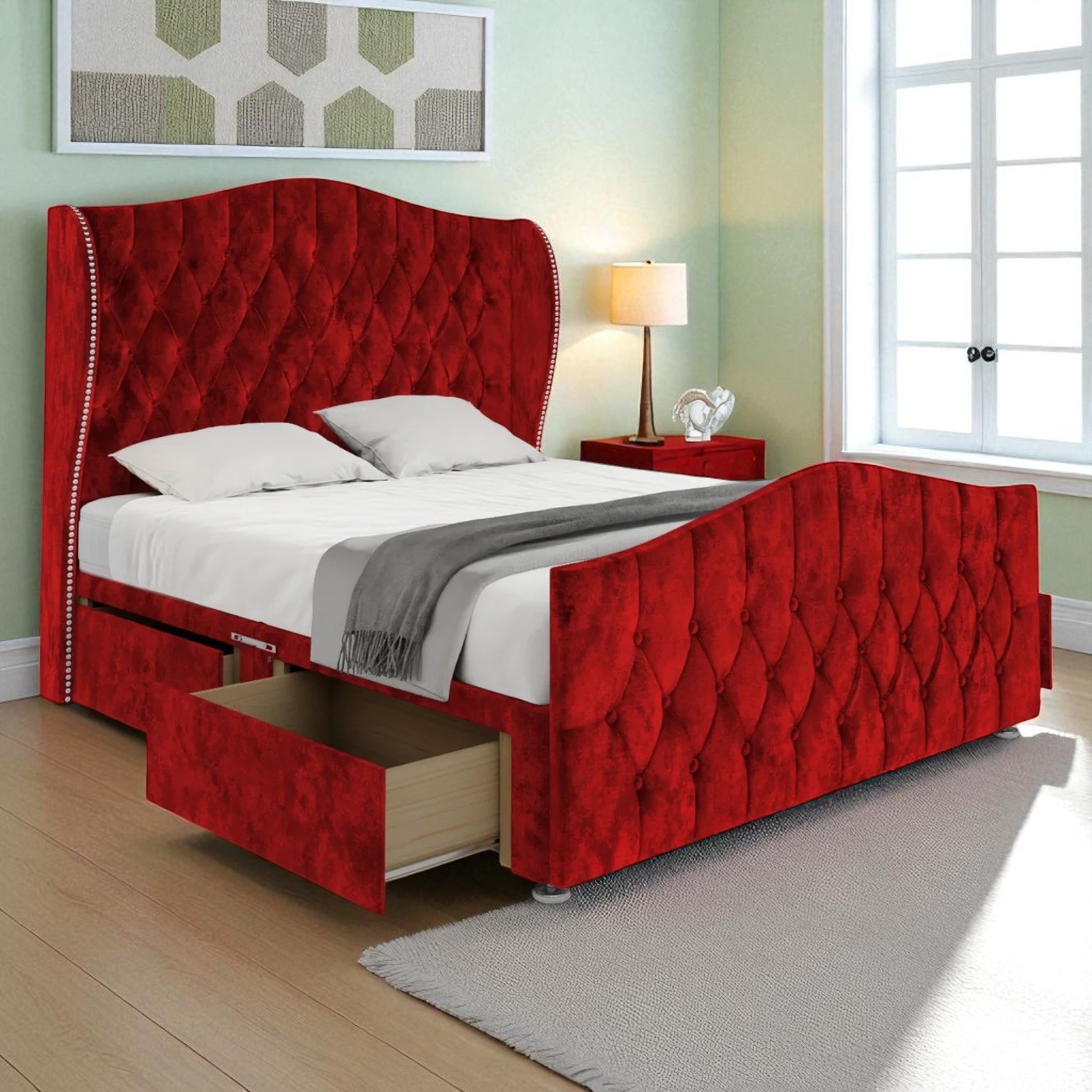 Royal Red Wingback Storage Divan Bed
